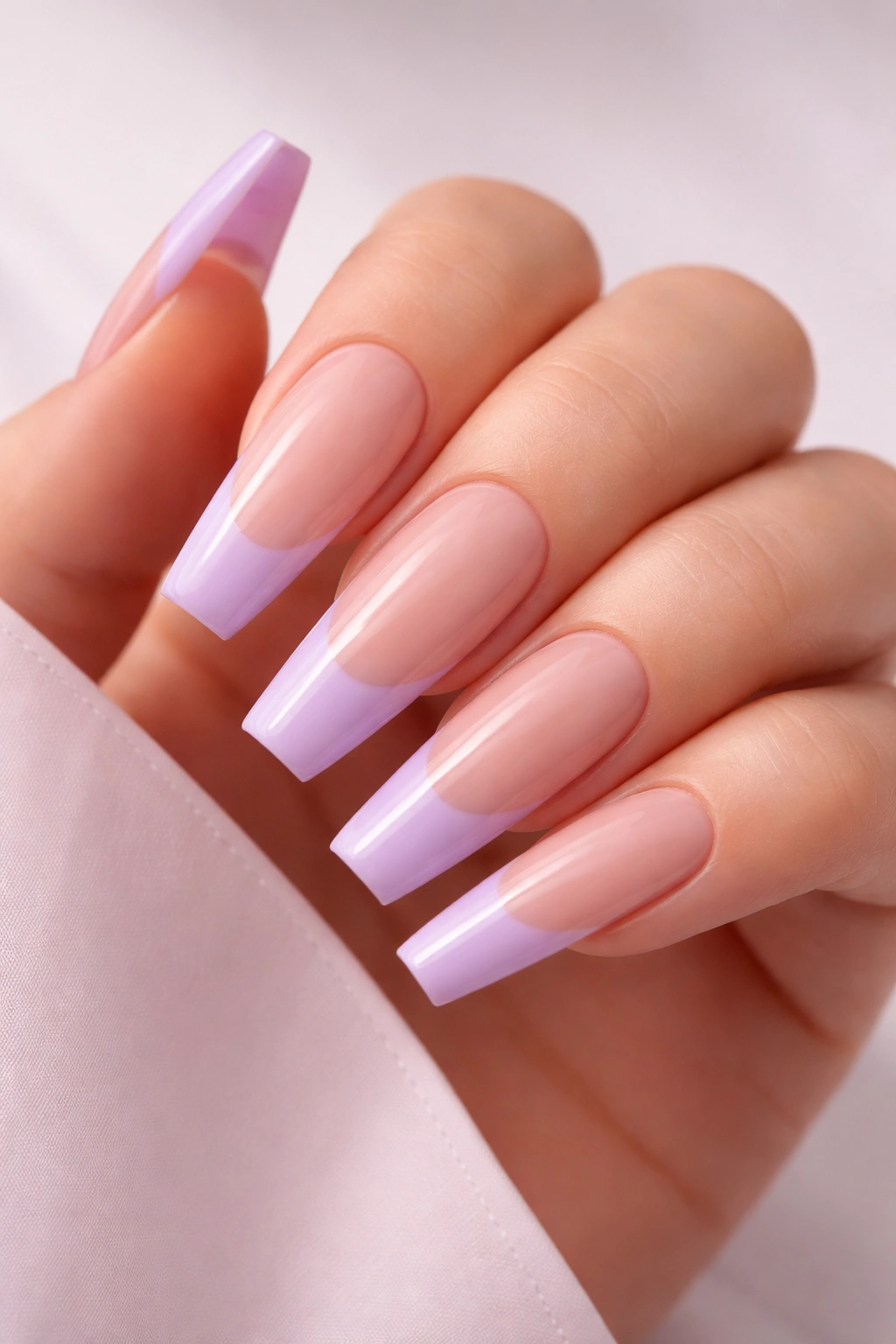 Long acrylic nails with lavender French tips on nude base