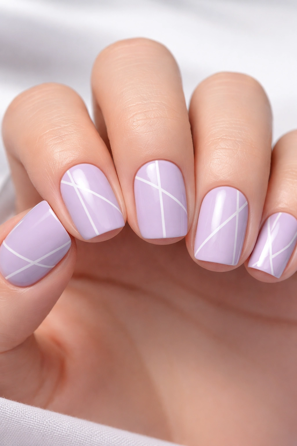 Close-up of lavender nails with delicate geometric lines