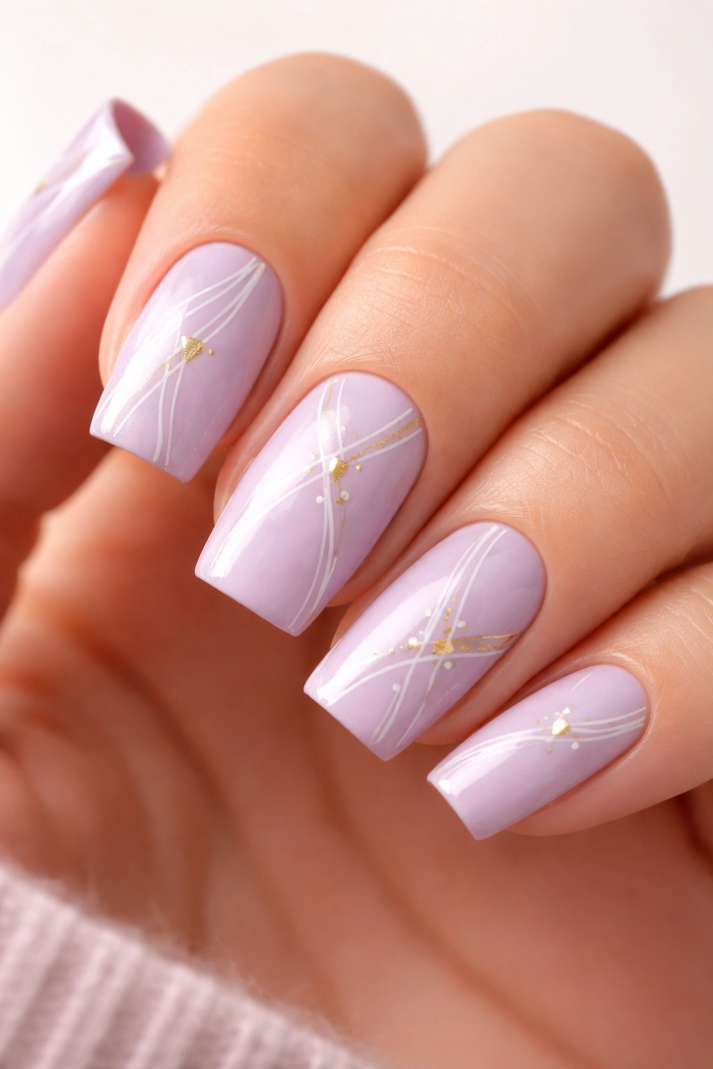 Lavender nails with delicate geometric patterns