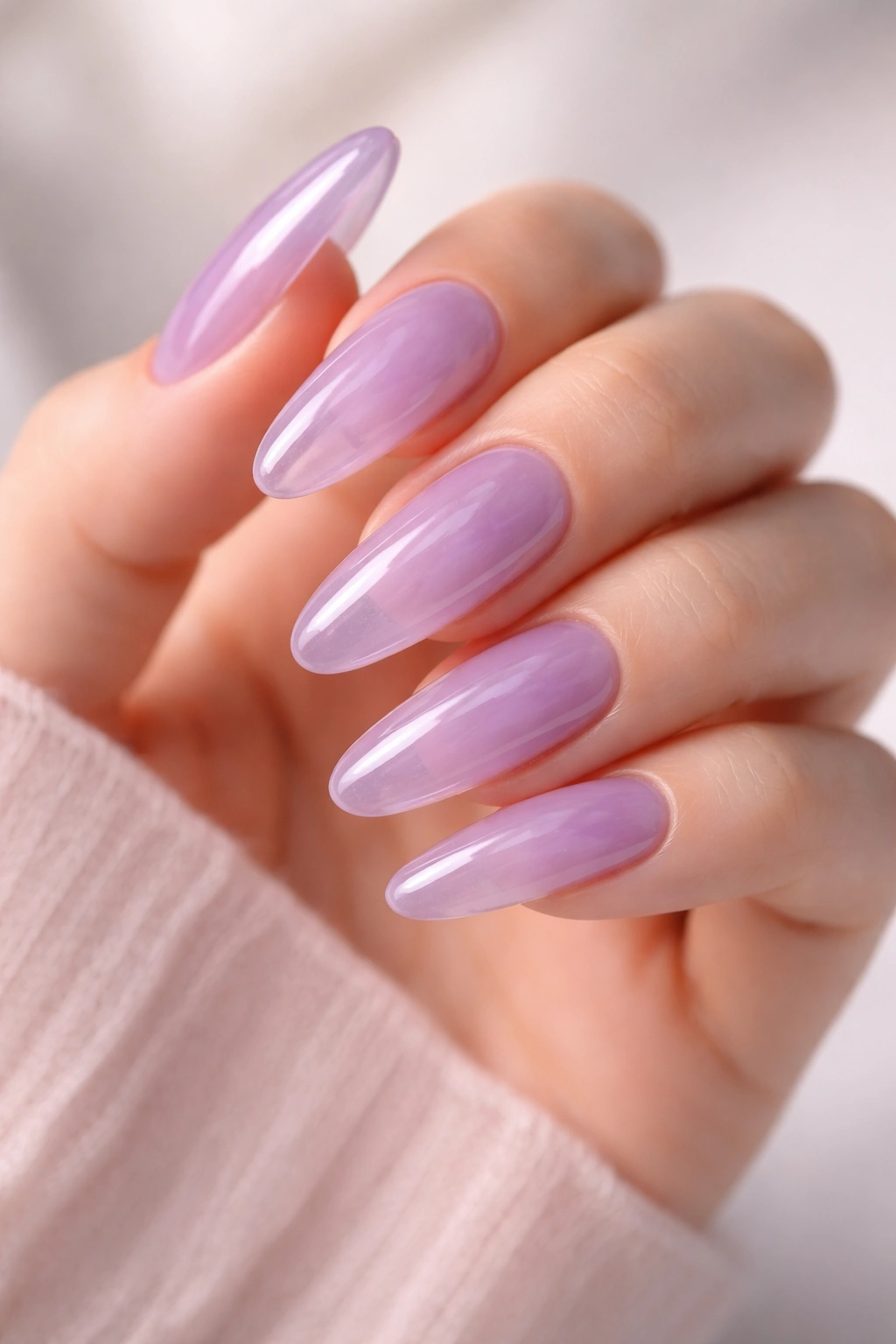 Translucent lavender glass nails on long ovals with glossy finish