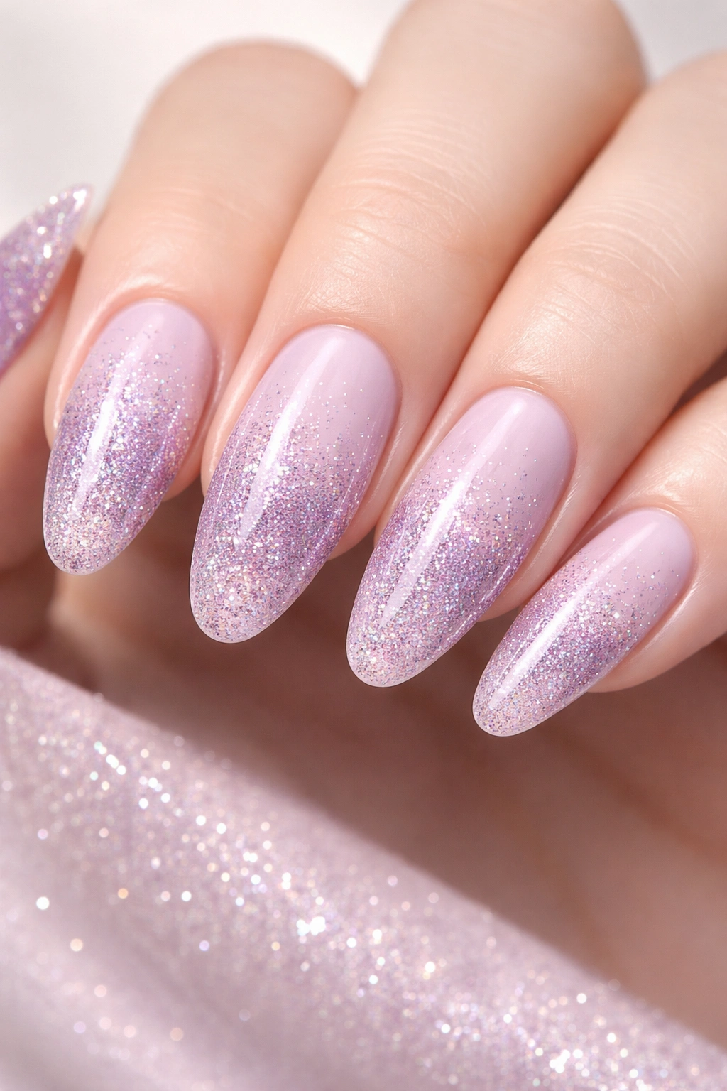 Close-up lavender glitter fade on long oval nails with gradient sparkle