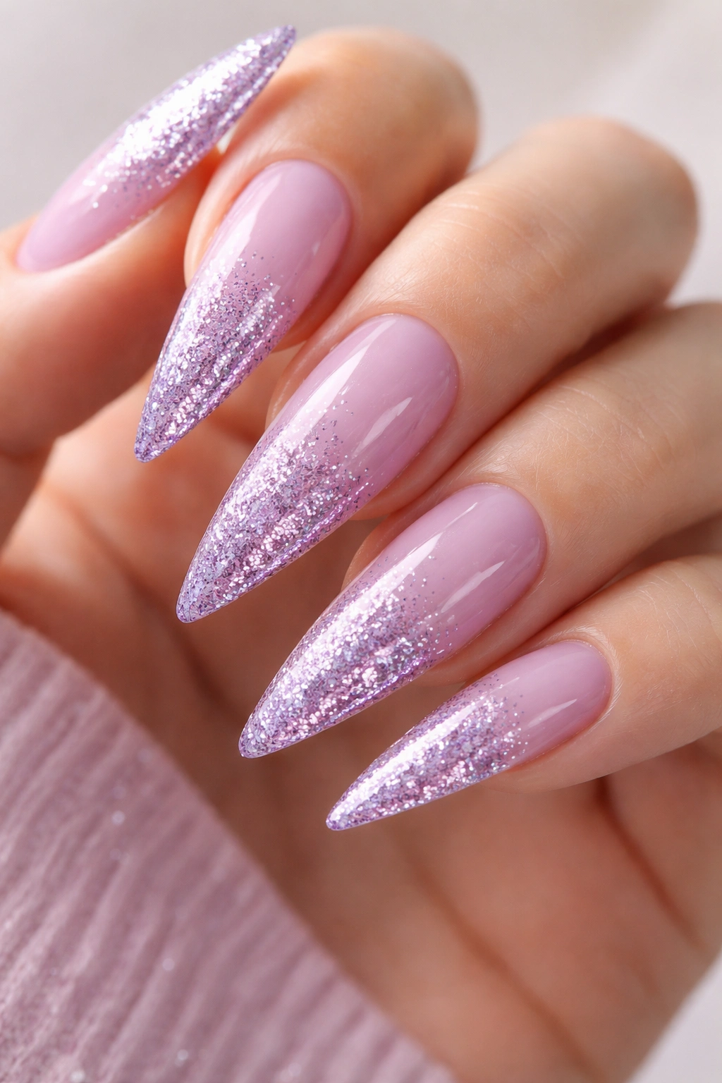 Lavender nails with glitter gradient and sparkly tips