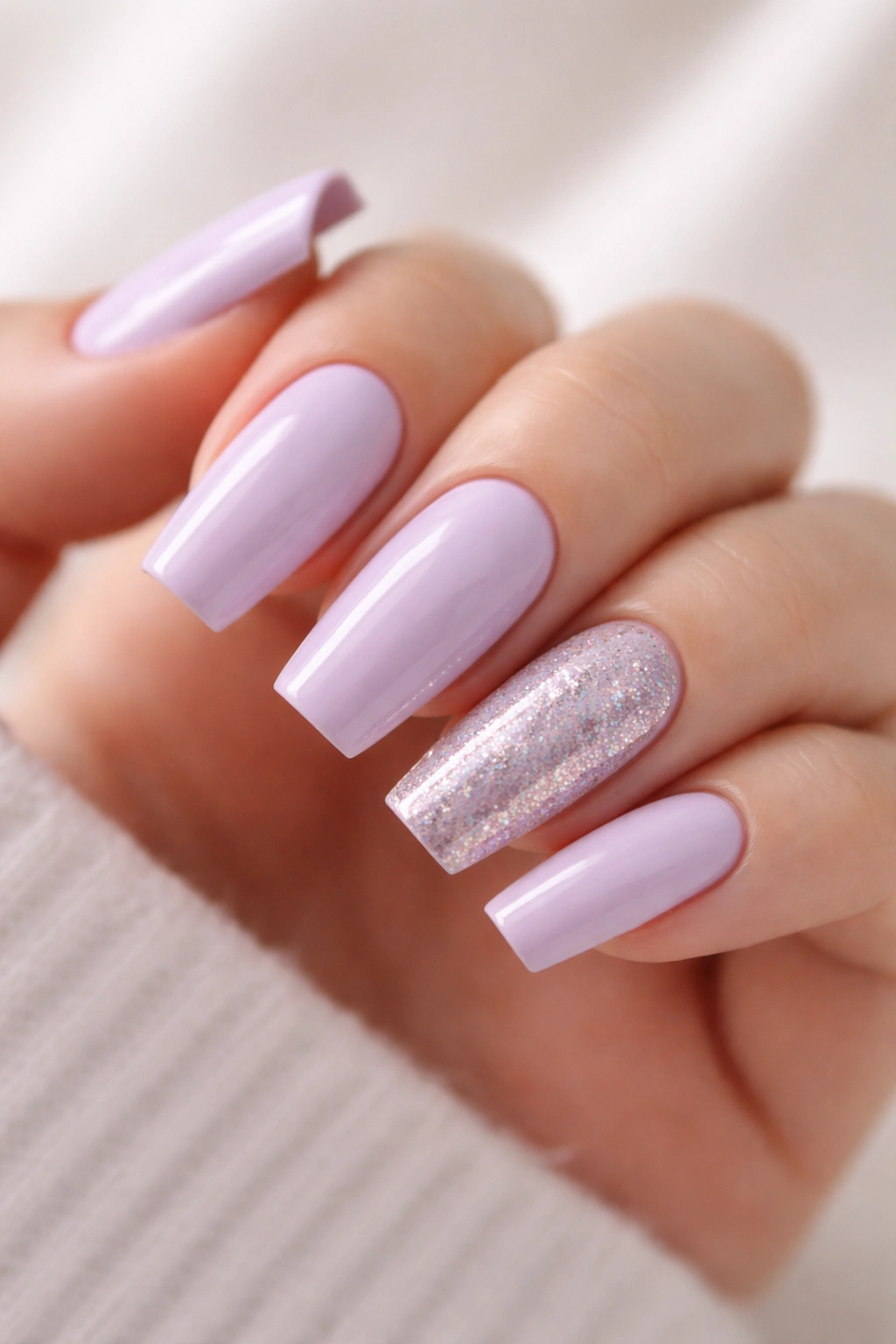 Close-up lavender coffin nails with glitter accent on one nail