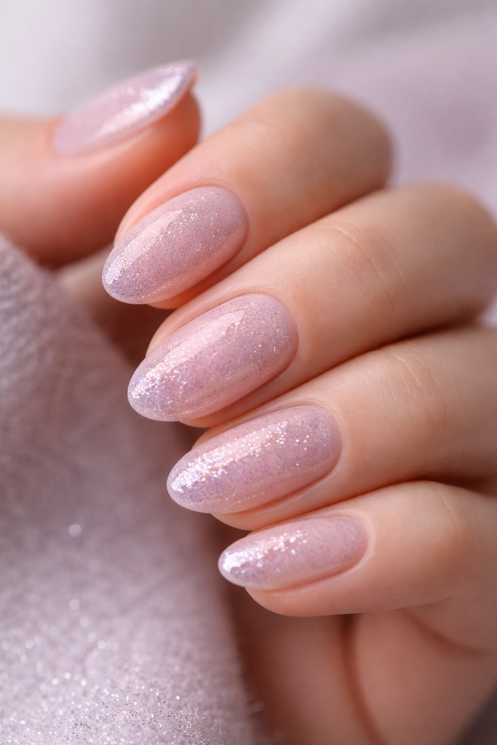 Close-up of short almond nails with lavender glitter fade at tips.