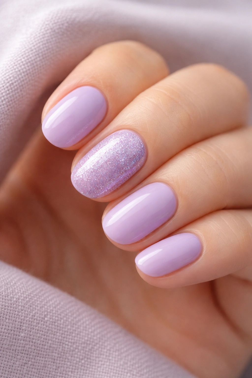 Short lavender nails with glitter accent on one nail