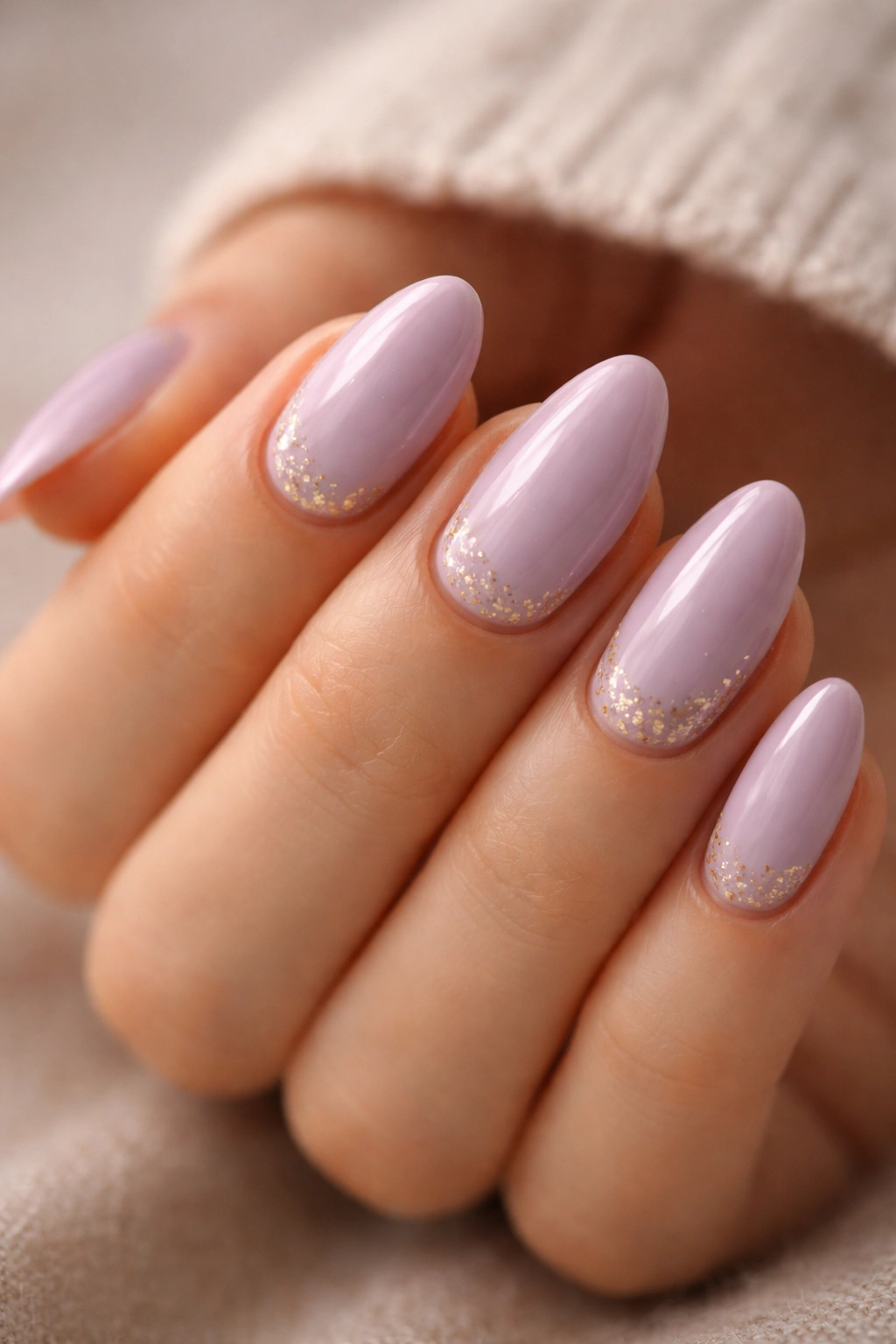 Close-up of short almond nails with lavender base and gold foil accents.