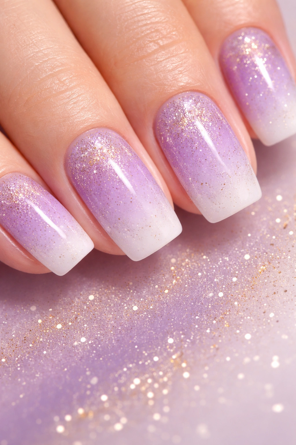 Lavender to white gradient nails with gold dust sparkle
