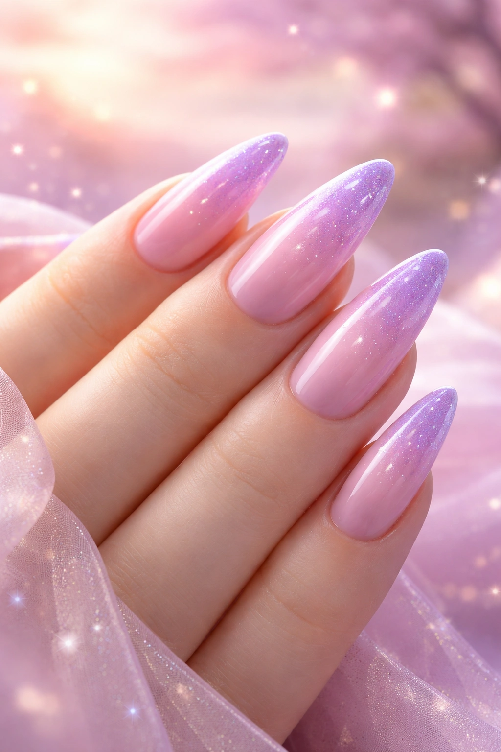 Close-up of Aurora's Dreamy Lavender Gradient nails with pink-to-lavender ombré