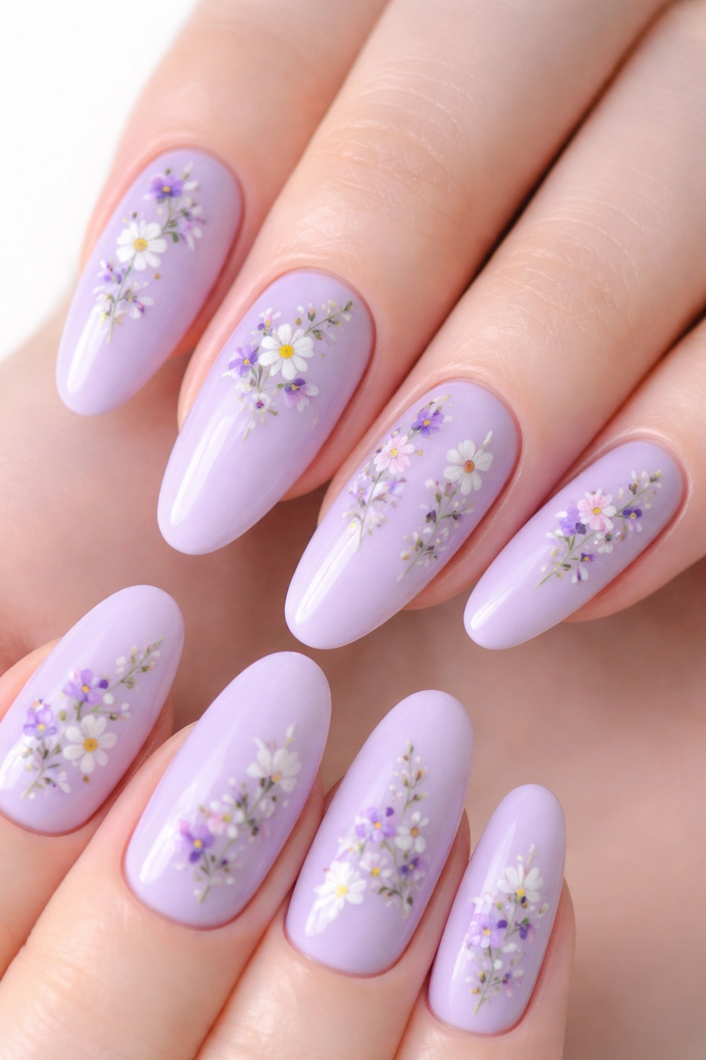 Lavender nails with tiny hand-painted flowers on long ovals