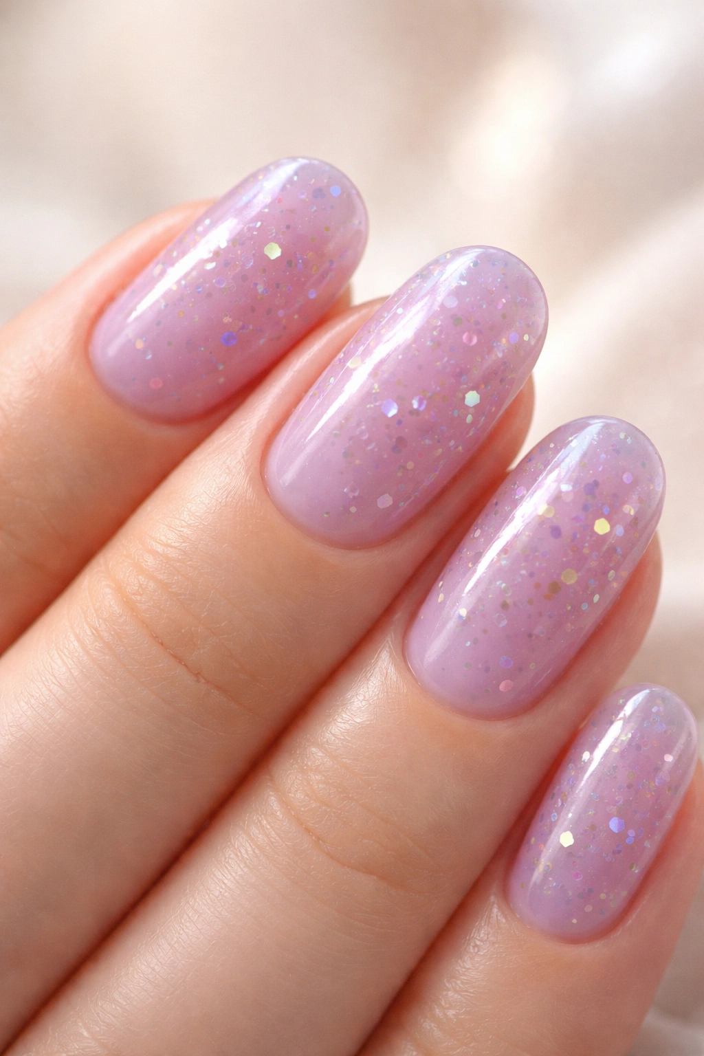 Lavender jelly nails with confetti flecks on short ovals