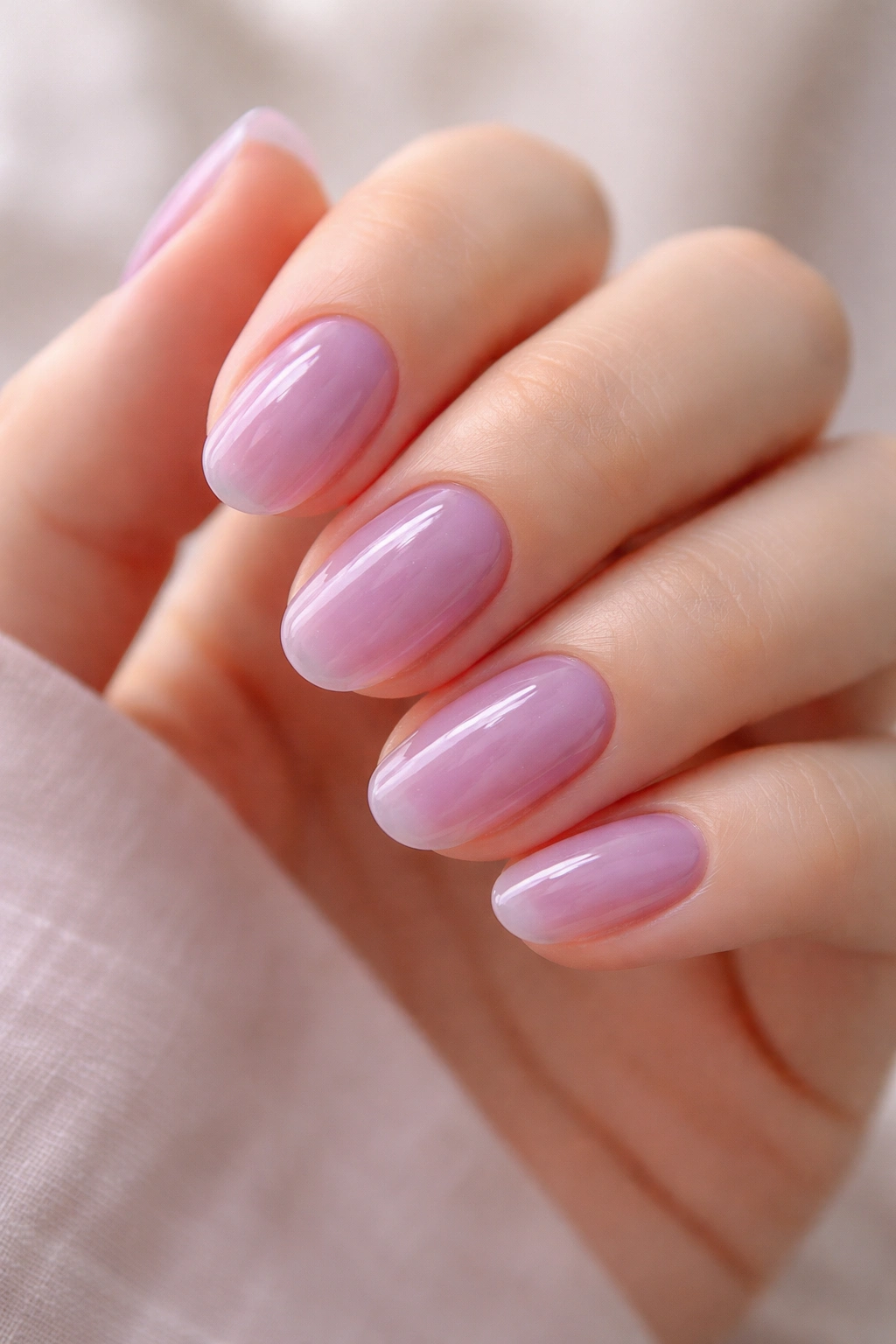 Close-up of short oval lavender jelly nails showing translucent, glassy finish with natural nail visible