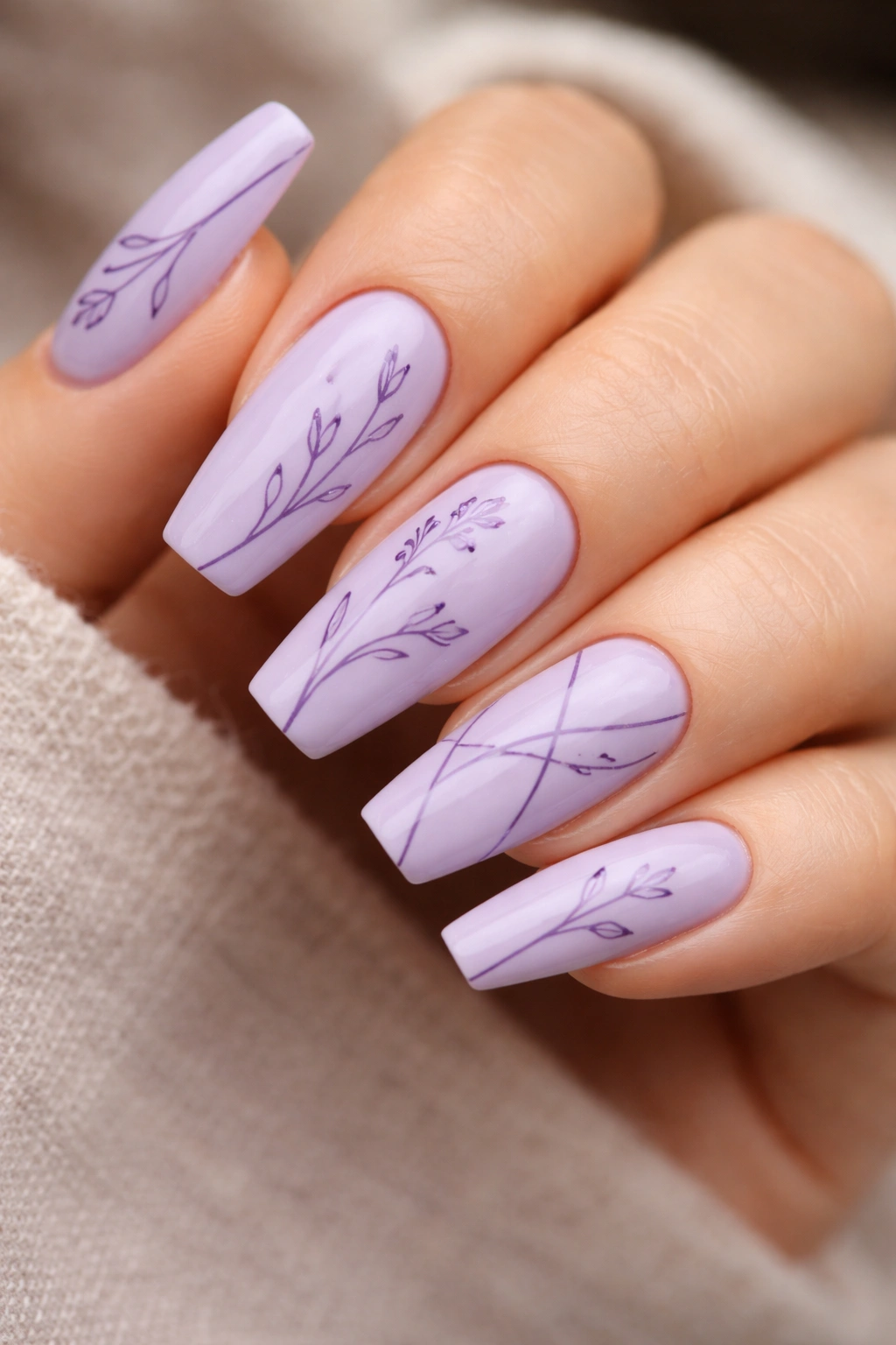 Lavender nails with fine purple line art drawings