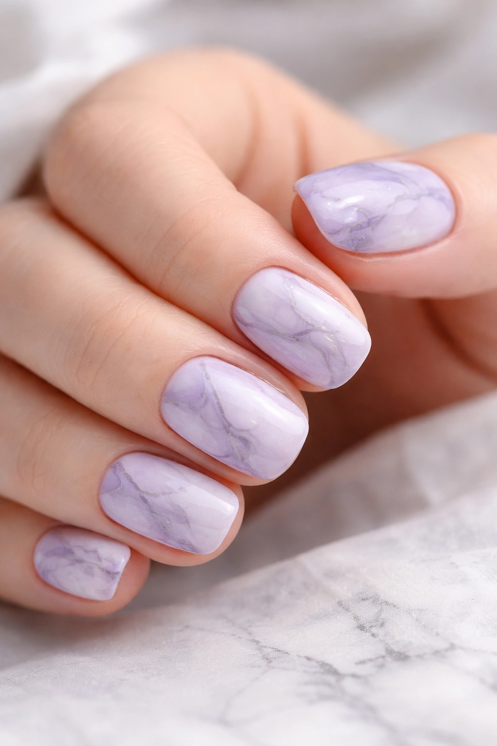 Close-up of short lavender and white marble nails
