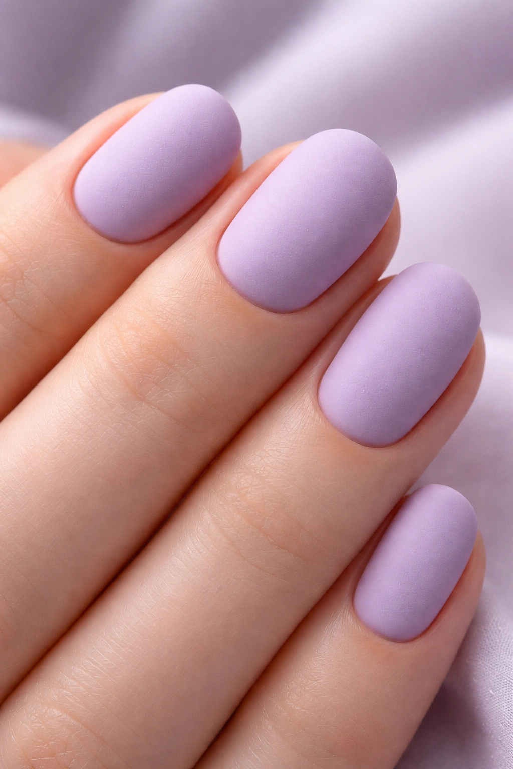 Close-up of lavender matte nails on short round nails