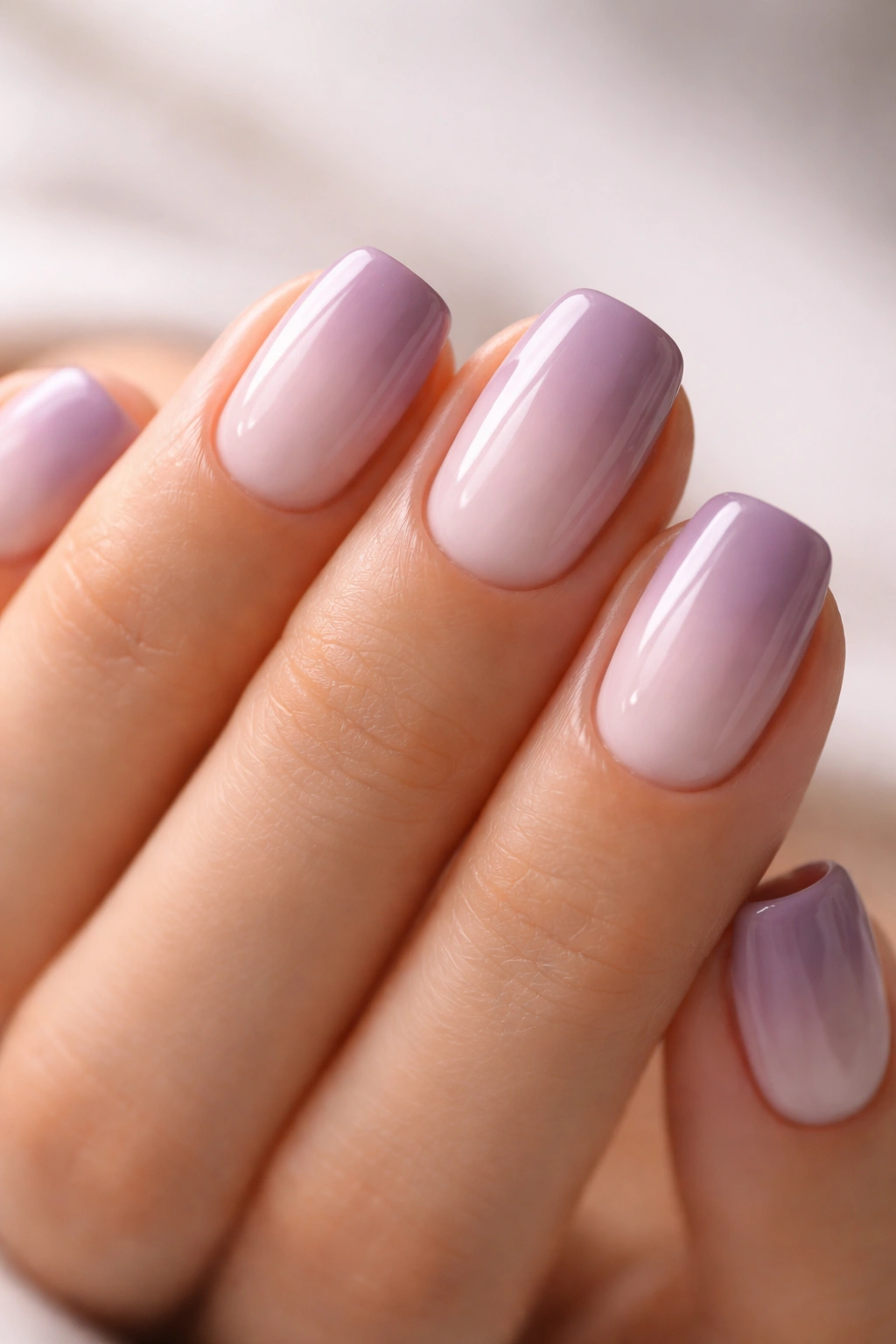 Close-up of lavender to mauve ombré on squoval nails