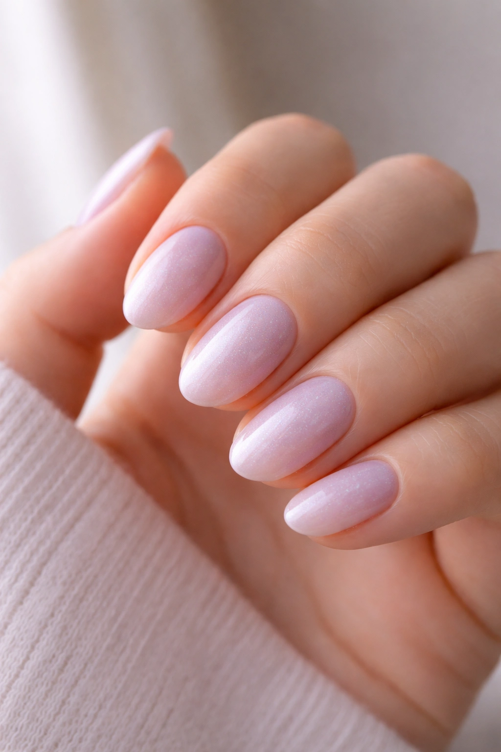 Close-up of icy lavender milk nails on a very short almond shape with milky base and lilac tint
