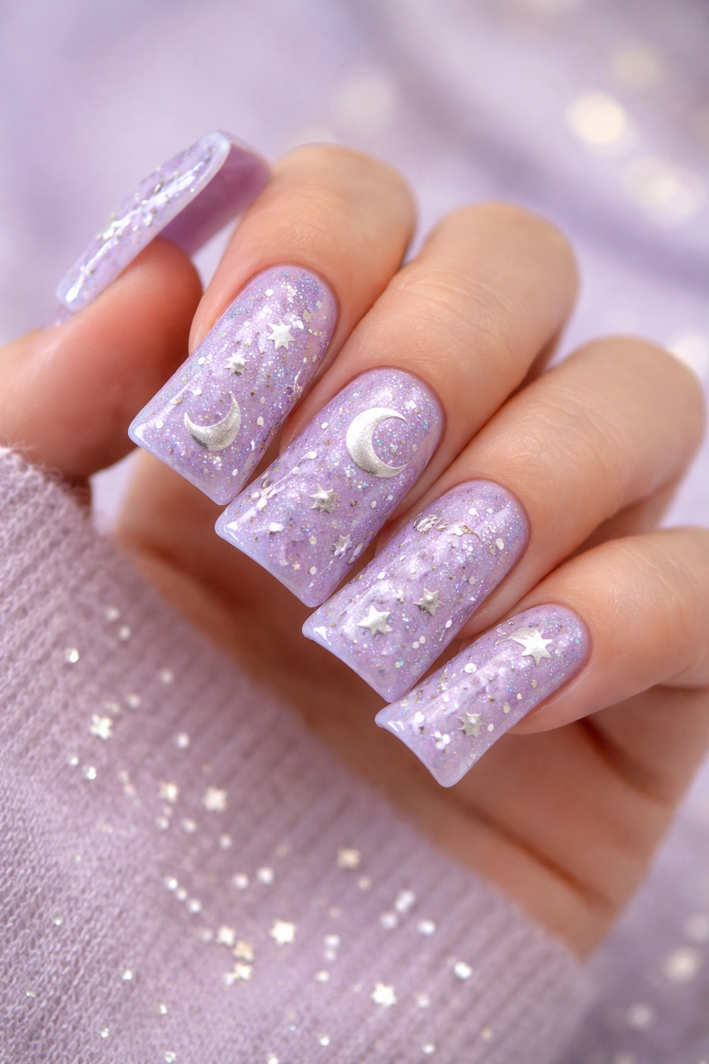 Lavender duck nails with silver stars and moon phase designs