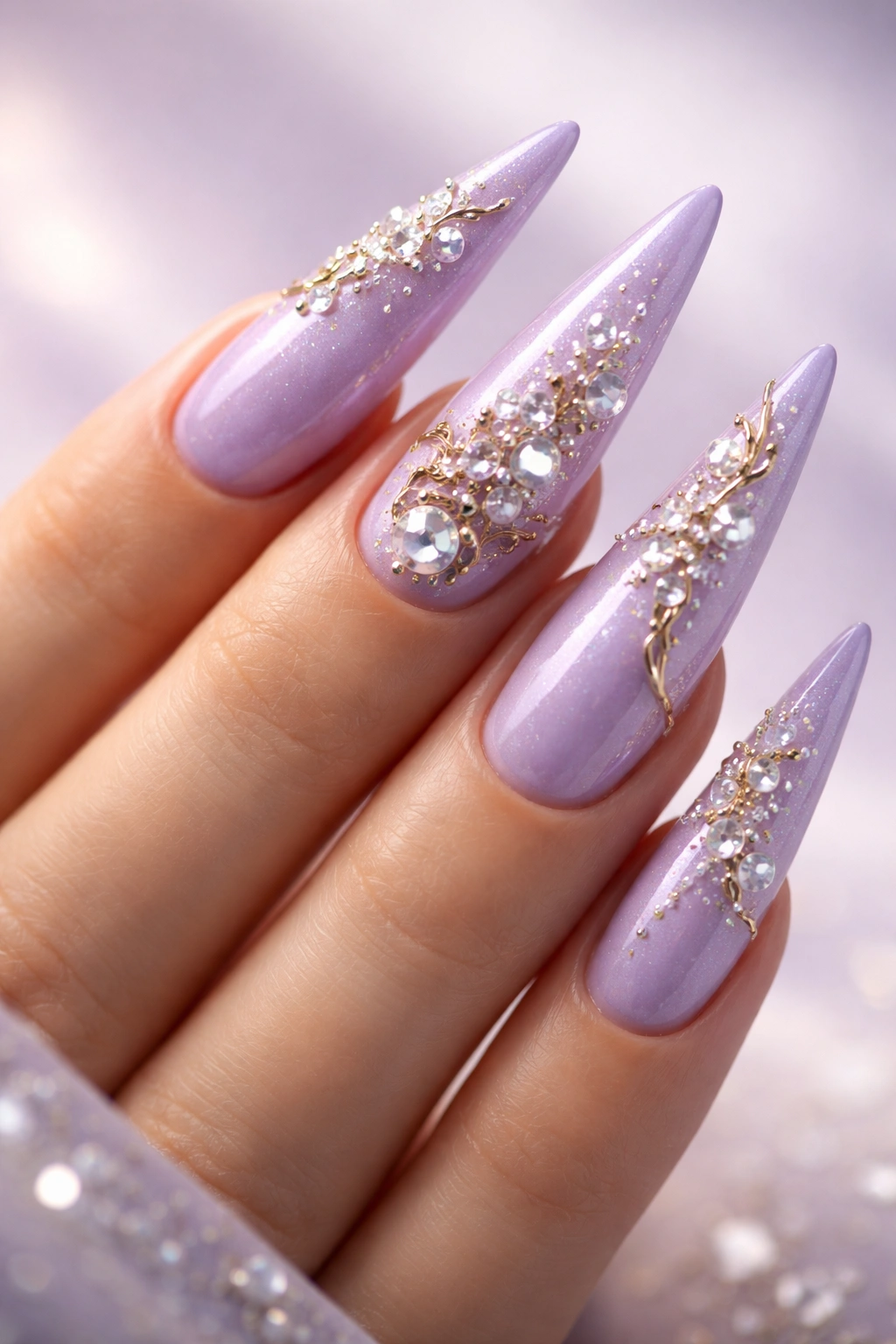 Lavender stiletto nails with 3D embellishments like pearls and rhinestones