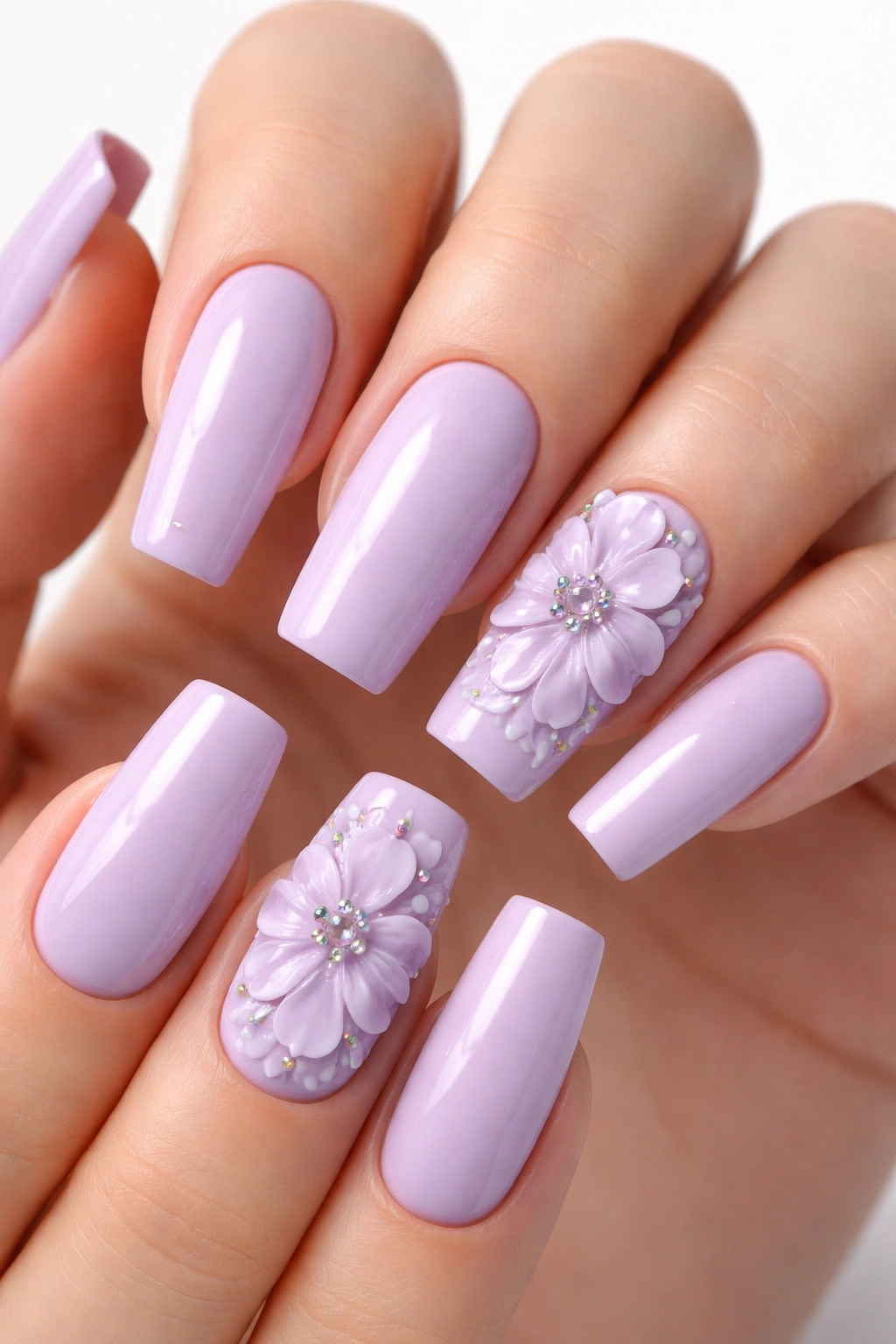 Close-up of lavender nails with 3D sculpted flowers on squoval nails