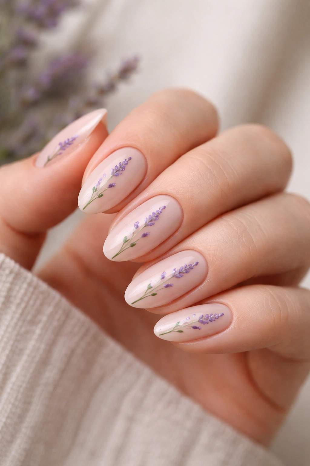 Close-up of short almond nails with lavender sprigs on nude base