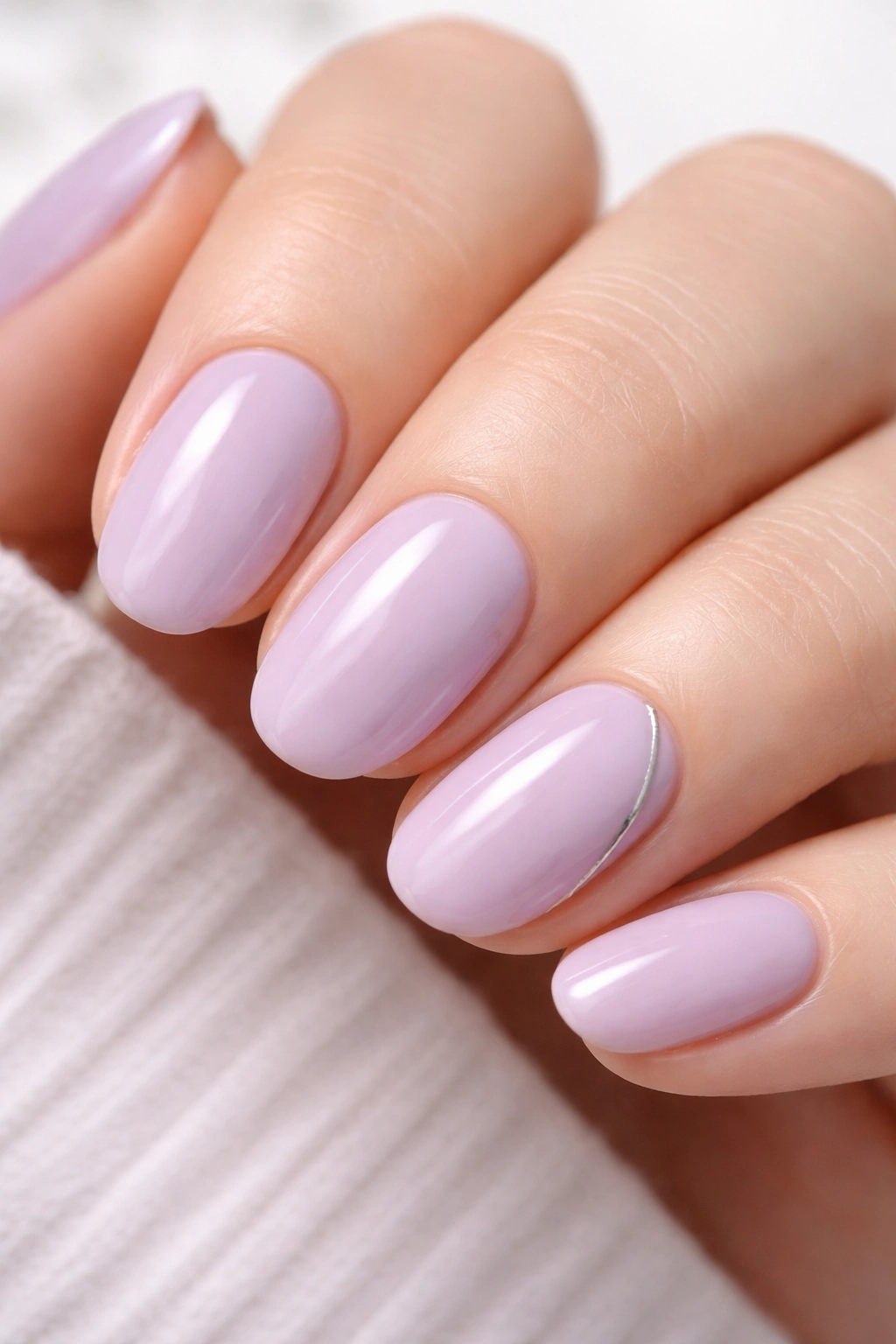 Soft lavender short oval nails with a glossy finish and a delicate silver accent line