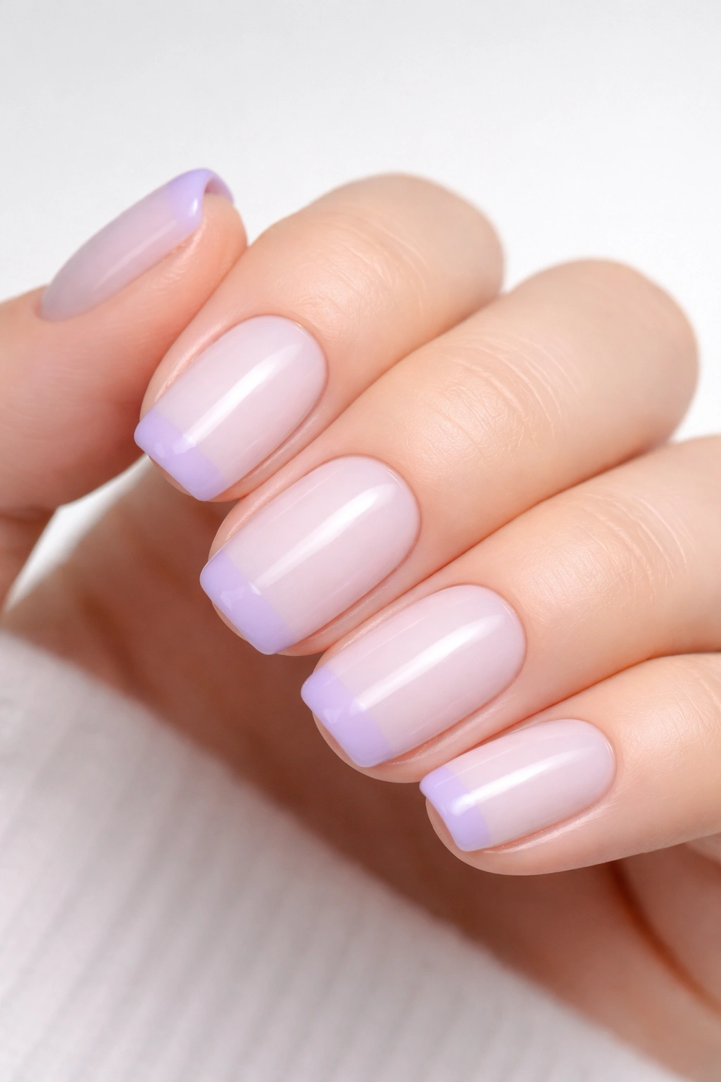 Close-up of pale base nails with soft lavender tips