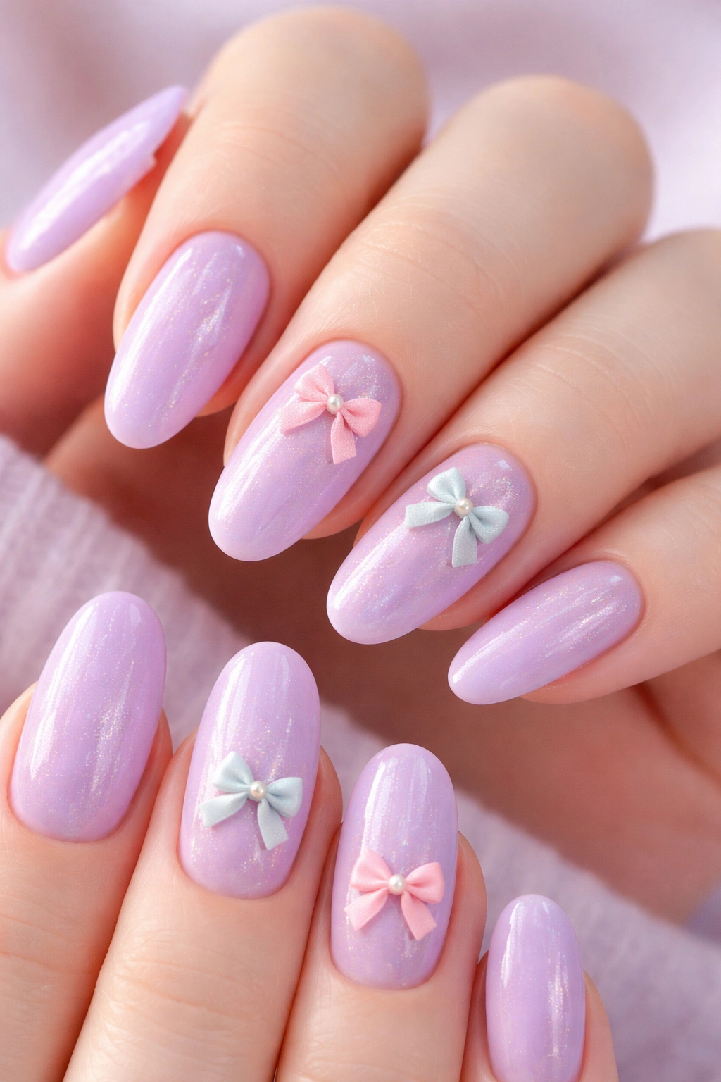 Close-up of lavender nails with tiny pastel bows on select nails.