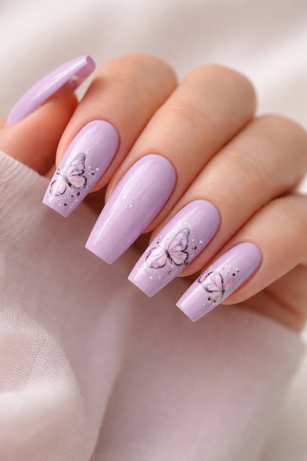 Close-up coffin nails lavender base with butterfly nail art