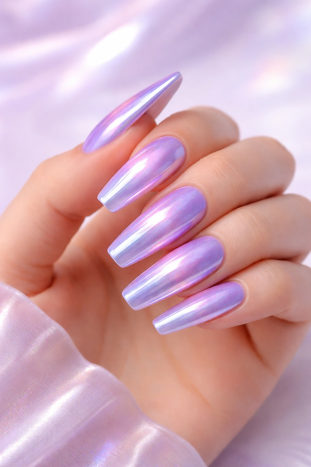 Long lavender chrome nails with iridescent shift