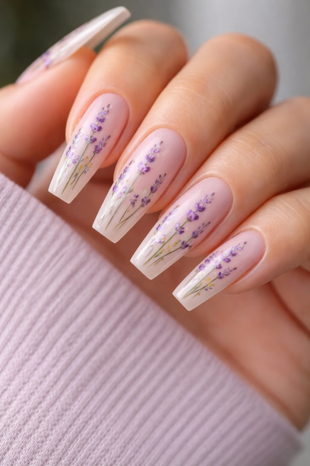 Close-up of coffin nails with lavender stems and small purple flowers