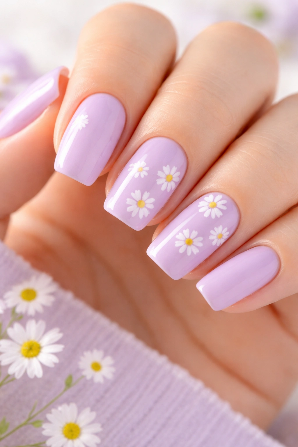 Close-up of lavender nails with white daisies and yellow centers.