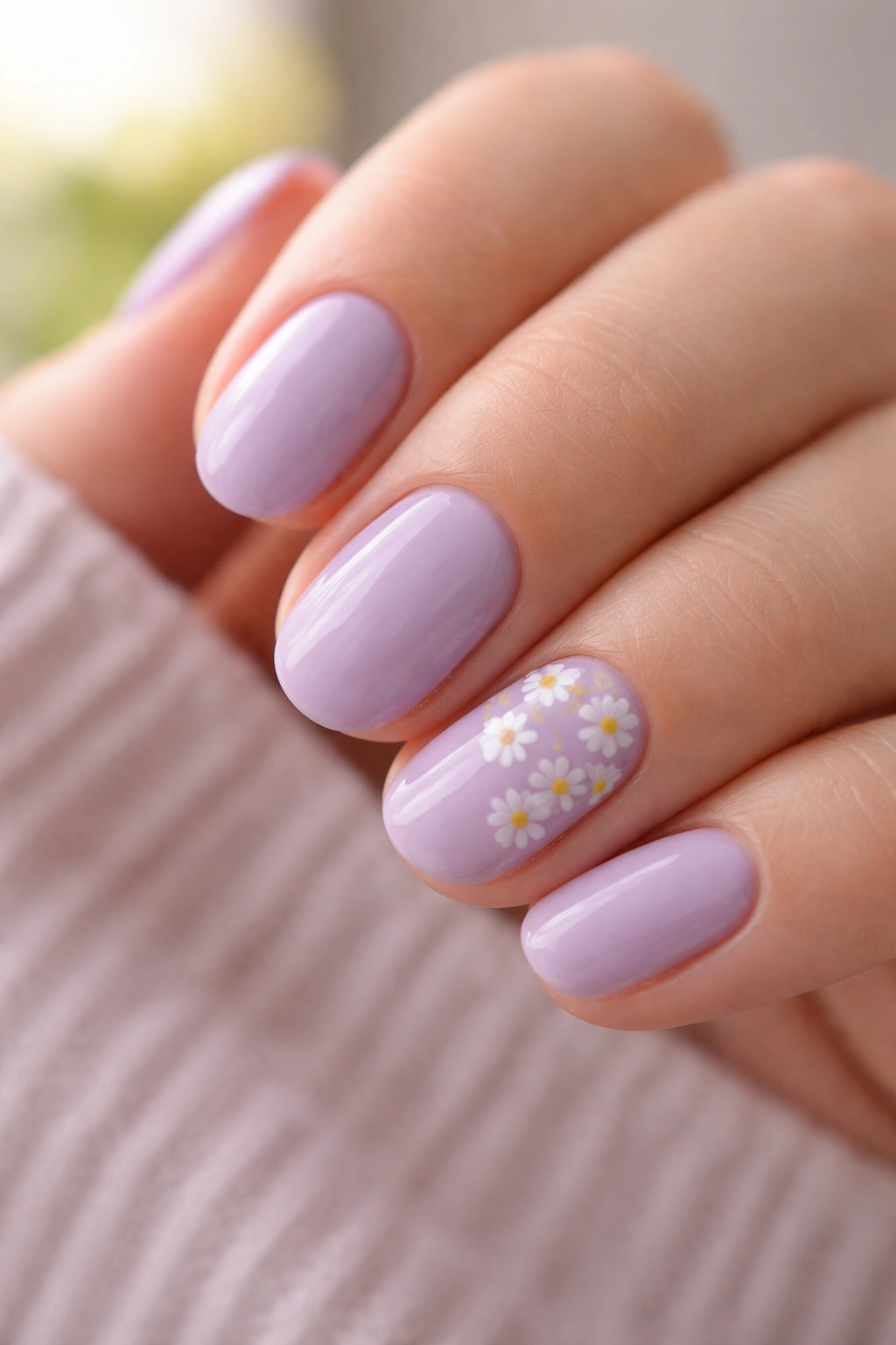 Close-up of lavender nails featuring tiny white daisies on short oval nails.