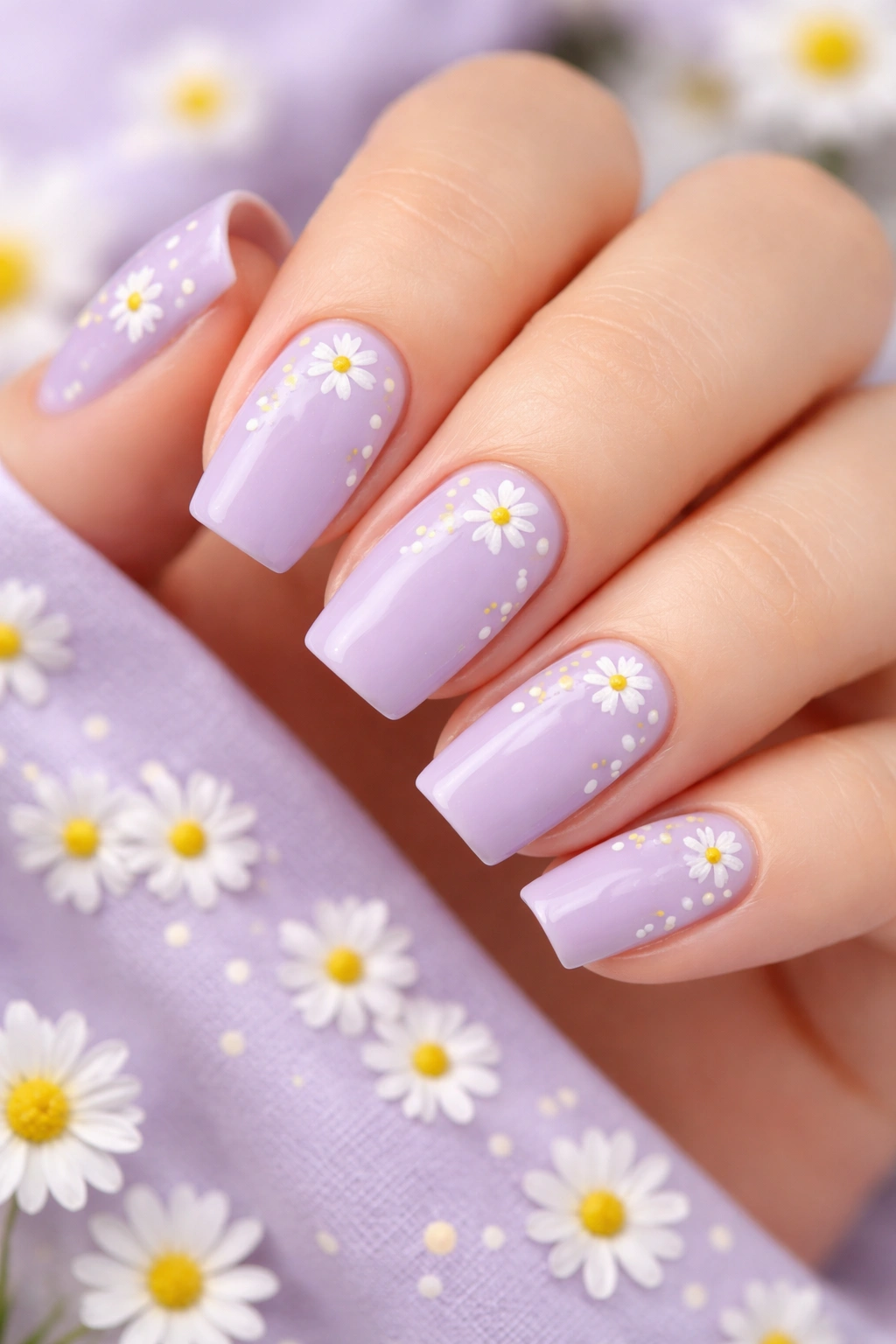 Lavender nails with white daisies and yellow centers