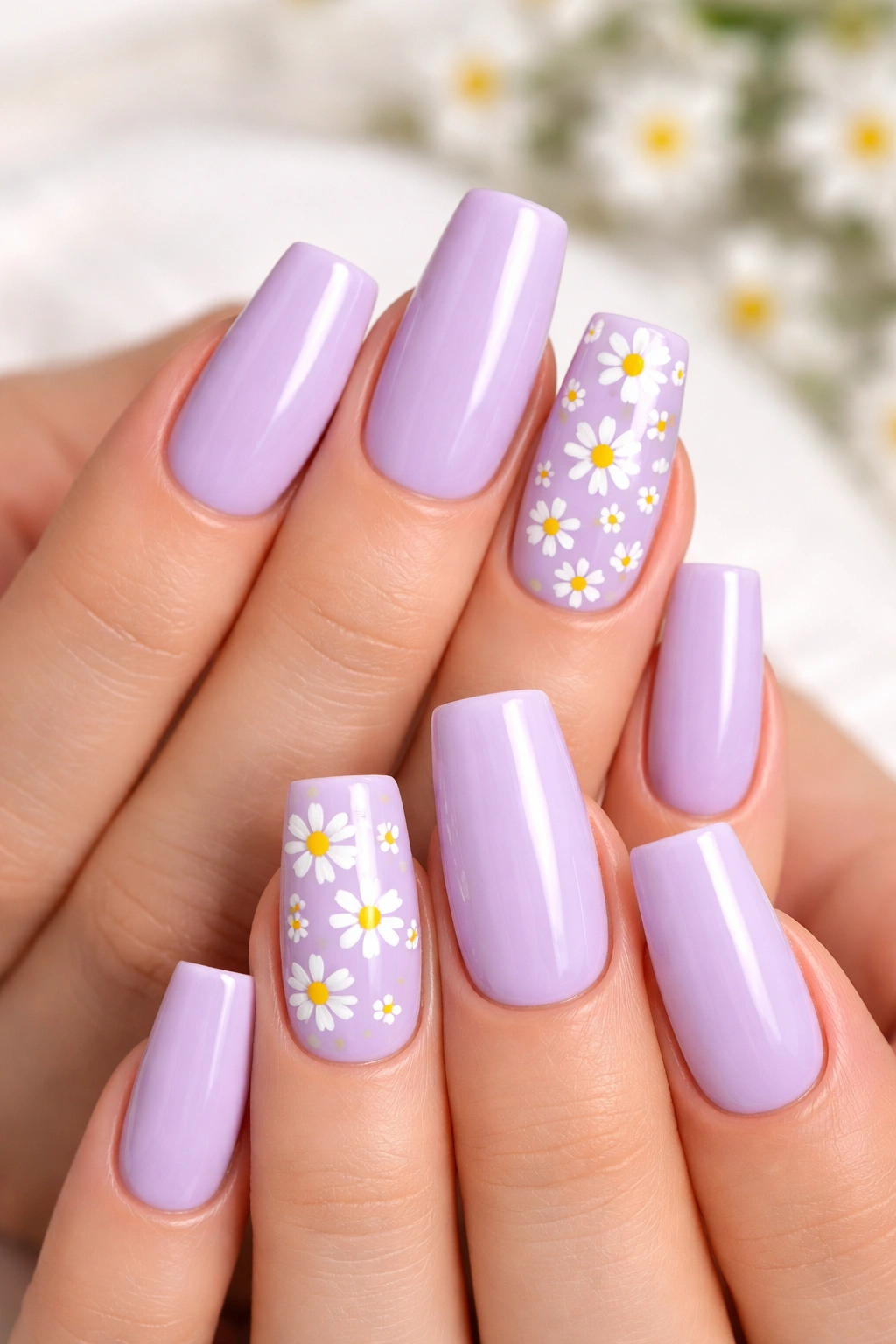 Square lavender nails with white daisy accents on accent nails