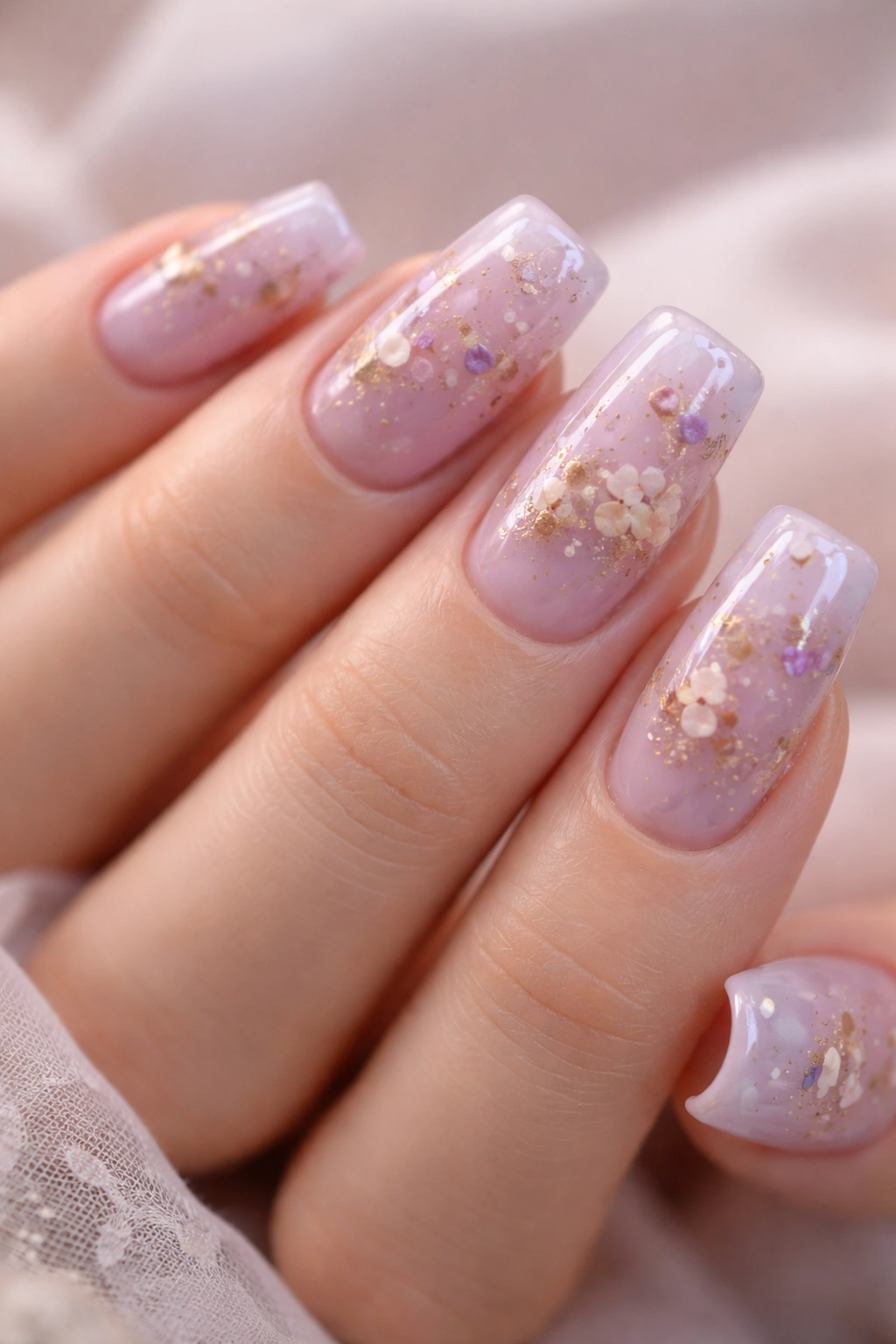 Close-up of soft lavender nails with embedded dried flowers in a soft square shape