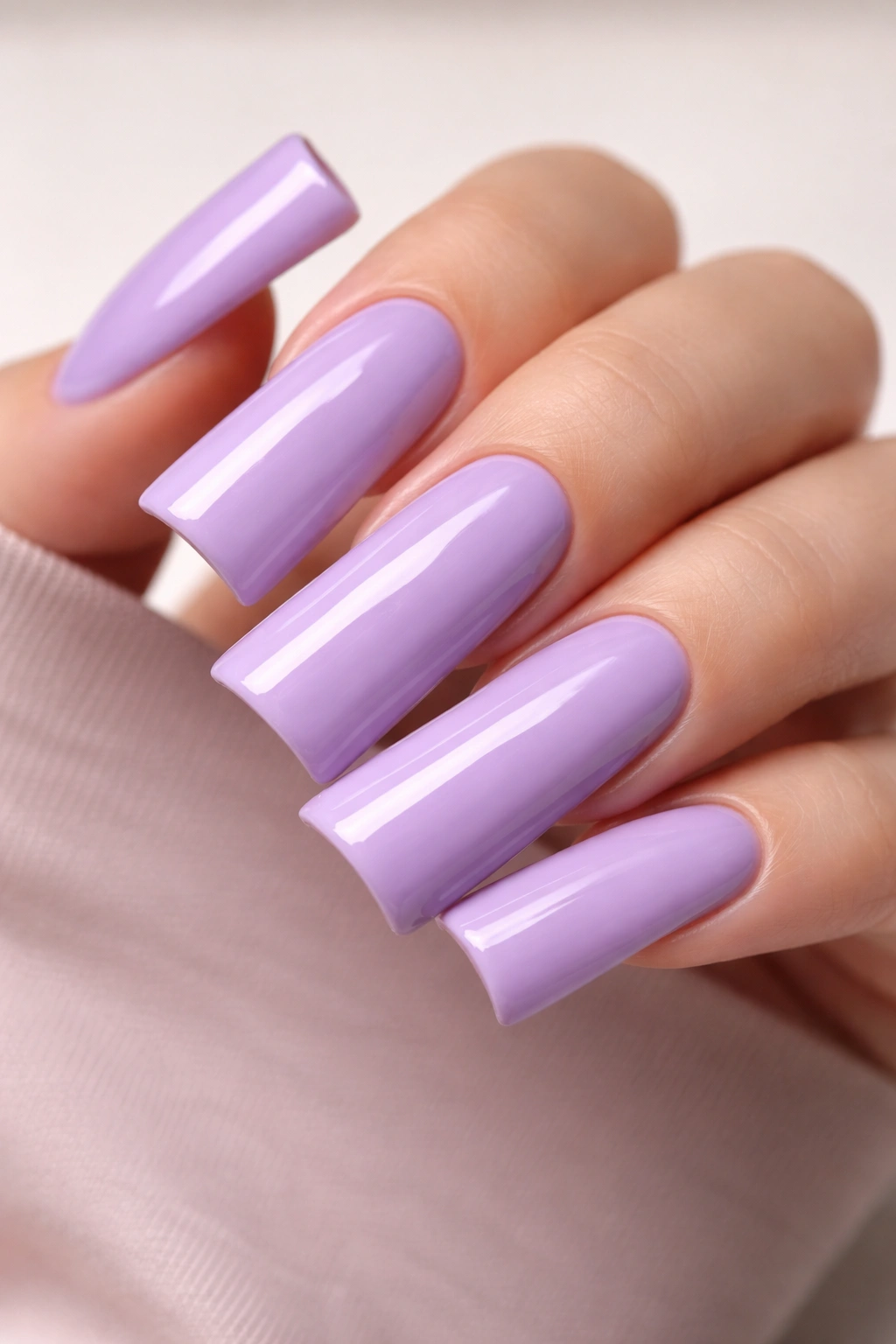 Close-up of solid lavender duck nails with a glossy finish on elongated nails
