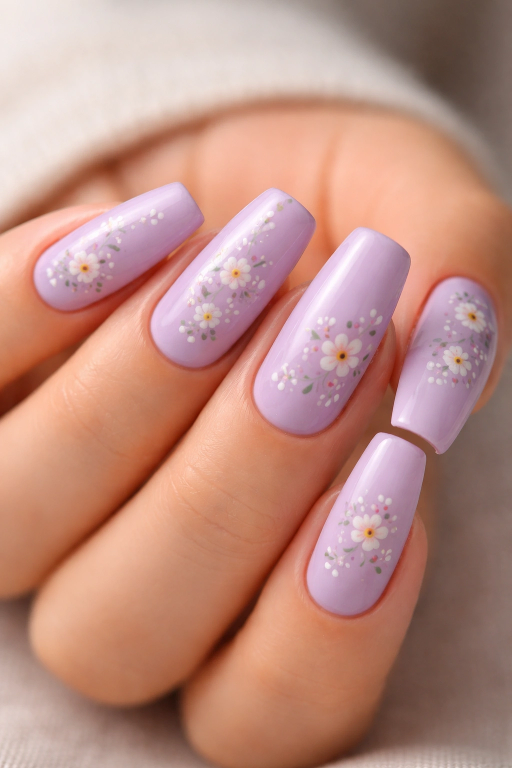 Coffin nails with lavender base and tiny hand-painted flowers