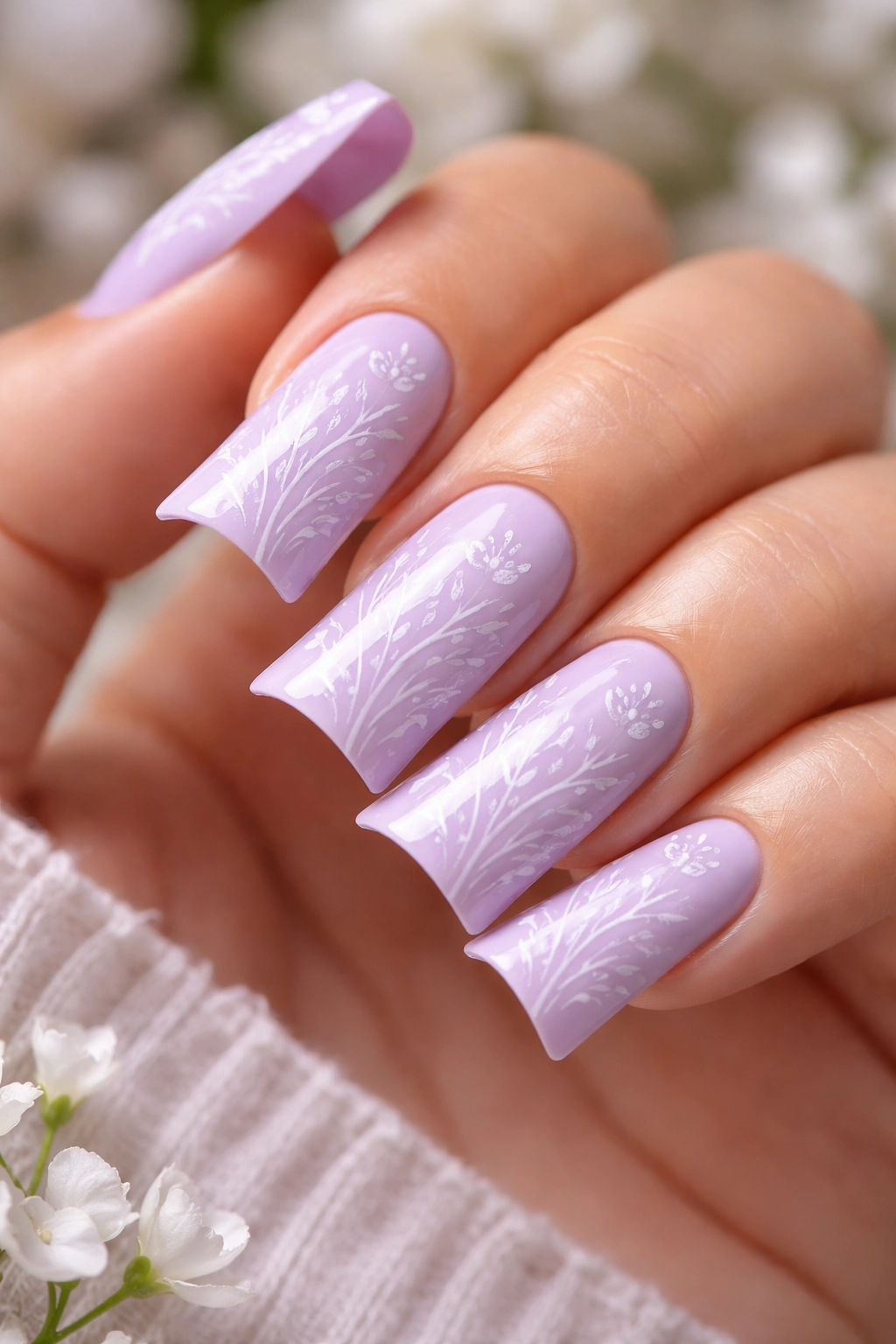 Lavender duck nails with delicate white floral line art