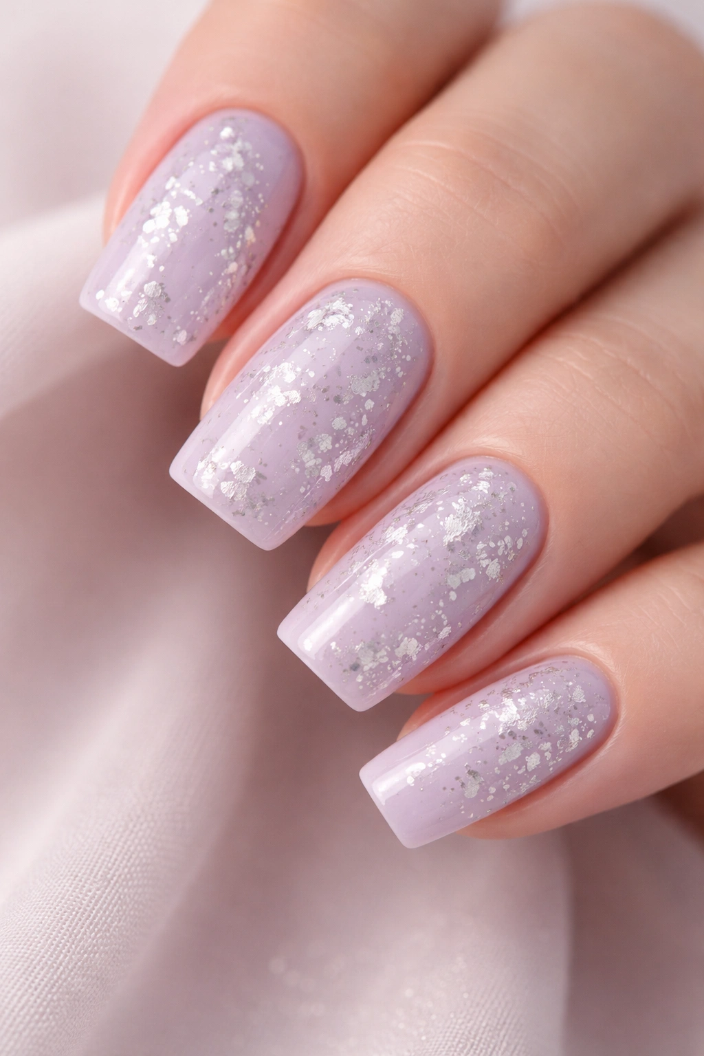 Close-up of lavender nails with silver foil flakes