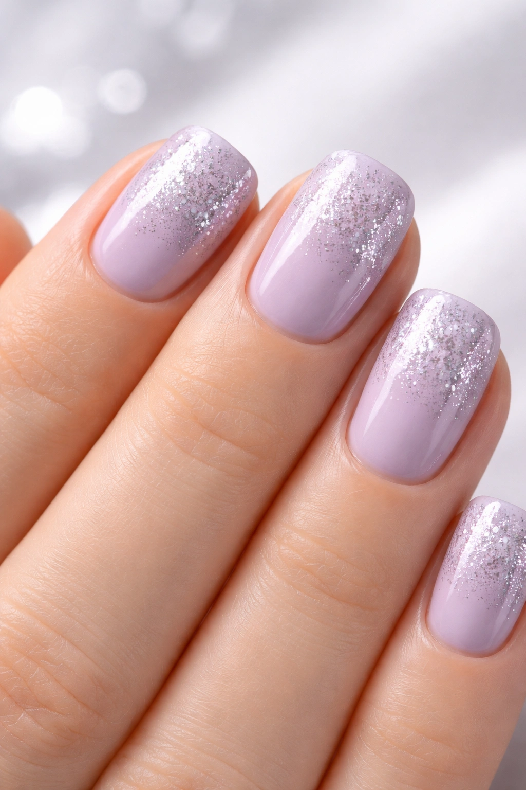Pale lavender nails with silver glitter gradient on short squoval nails