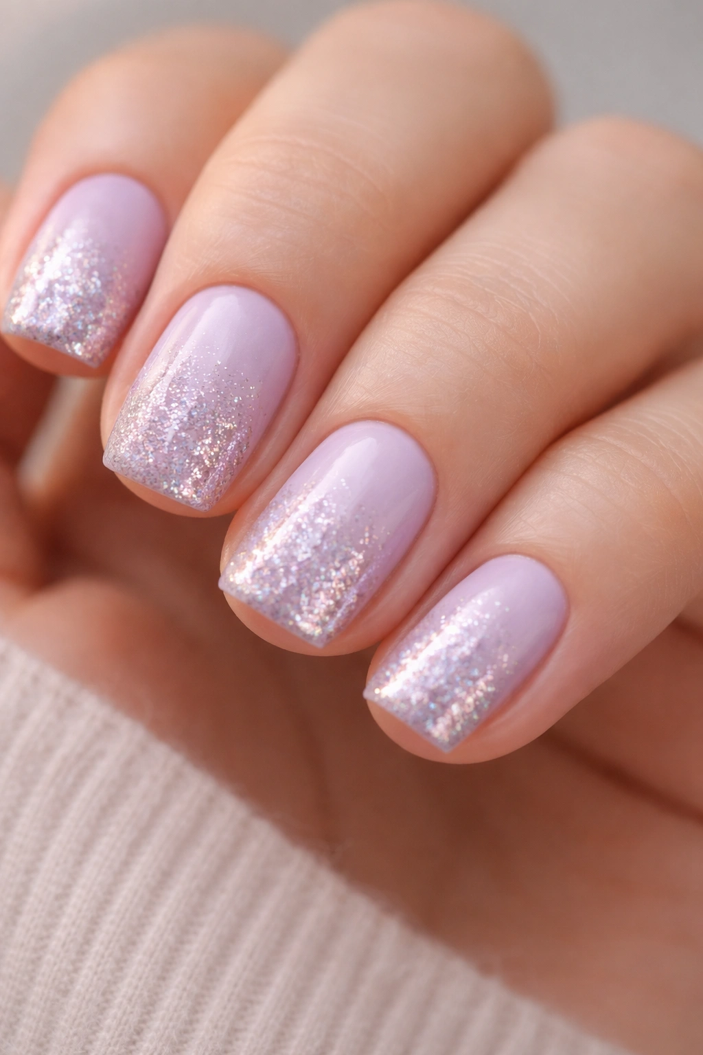 Creamy lavender nails with glitter ombre on short squoval nails