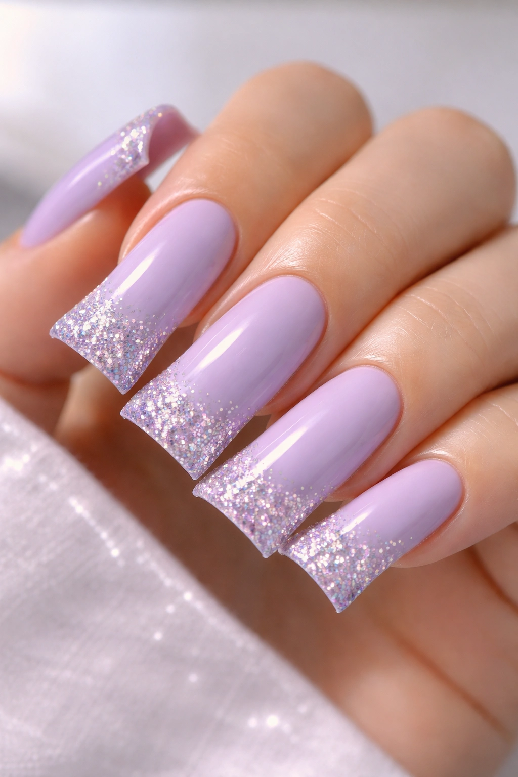 Lavender duck nails with glitter tip accents