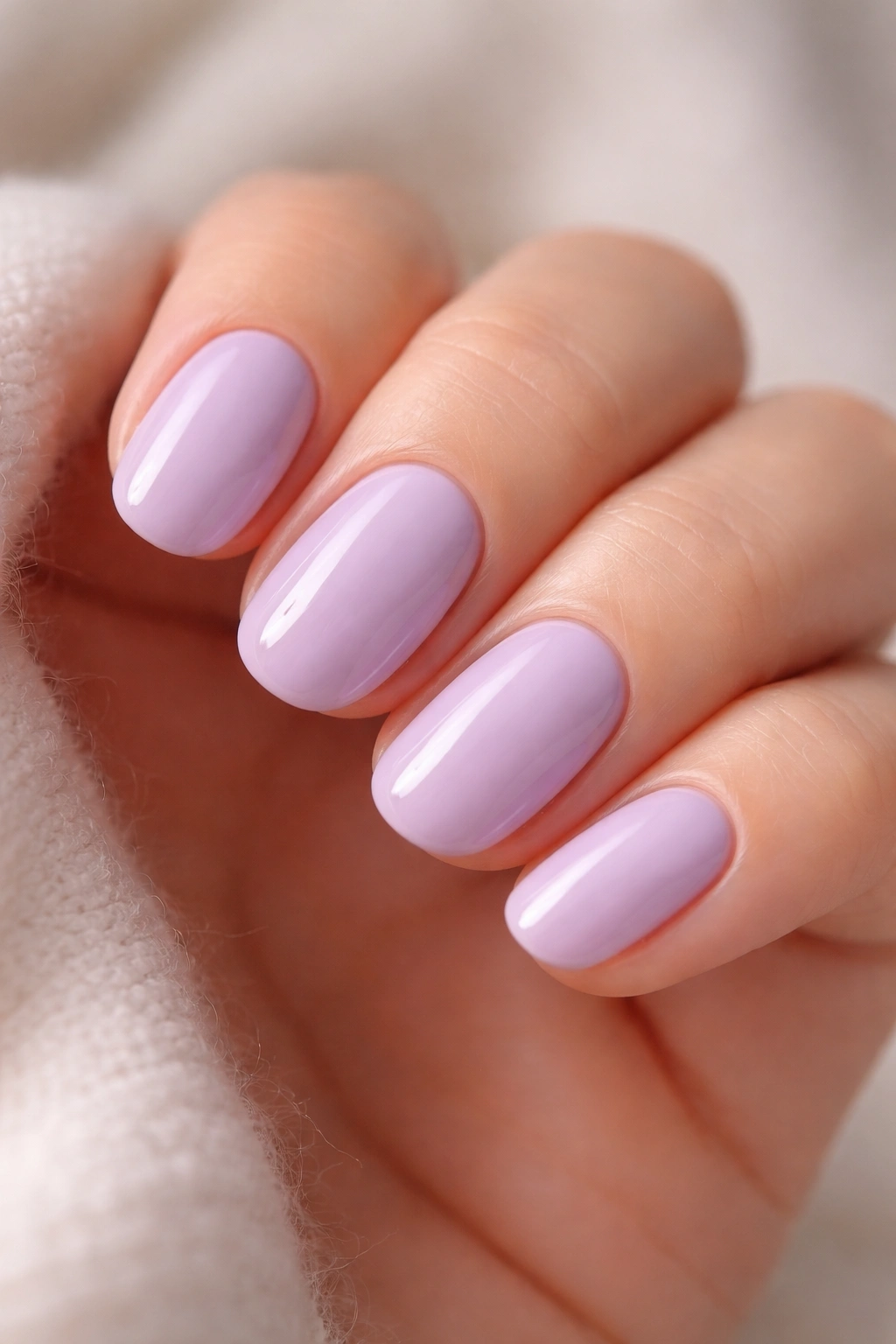Close-up of pastel lavender short oval nails with glossy top coat