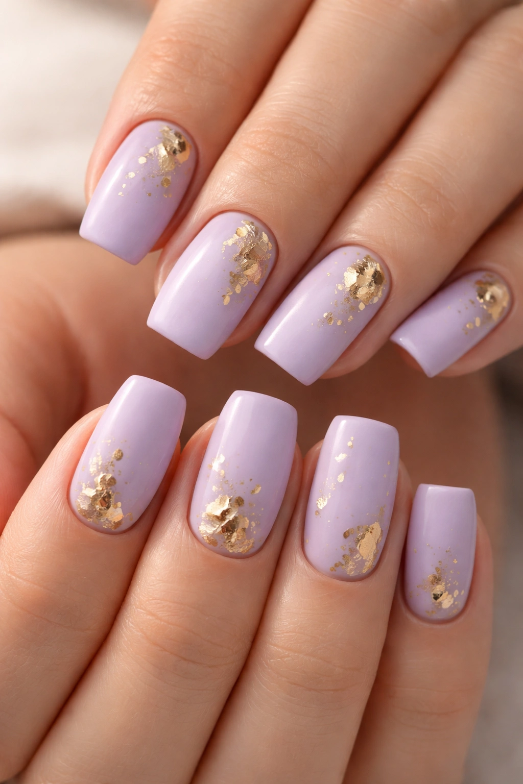 Close-up of creamy lavender nails with gold foil accents on soft square nails
