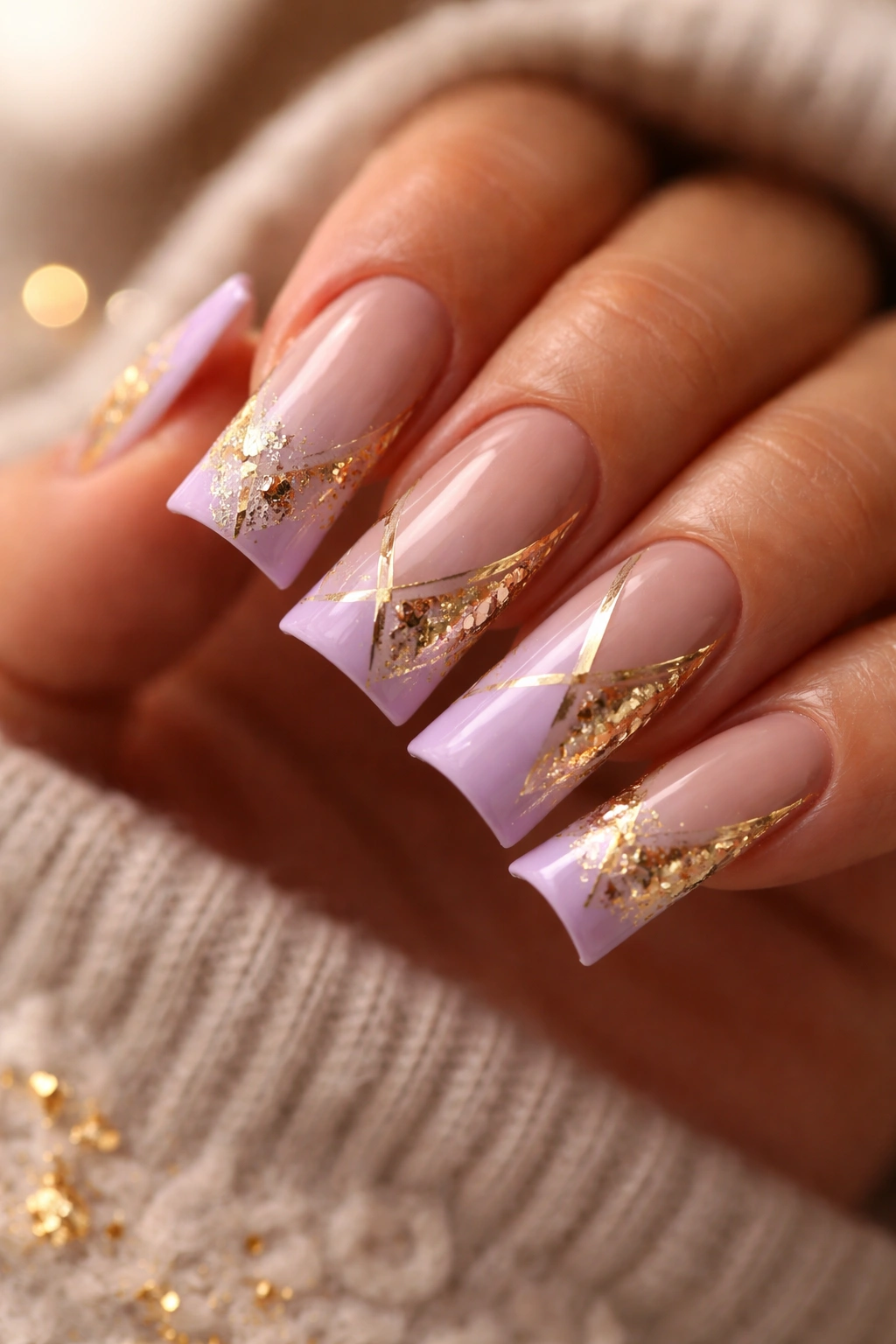 Lavender duck nails with gold foil accents on tips