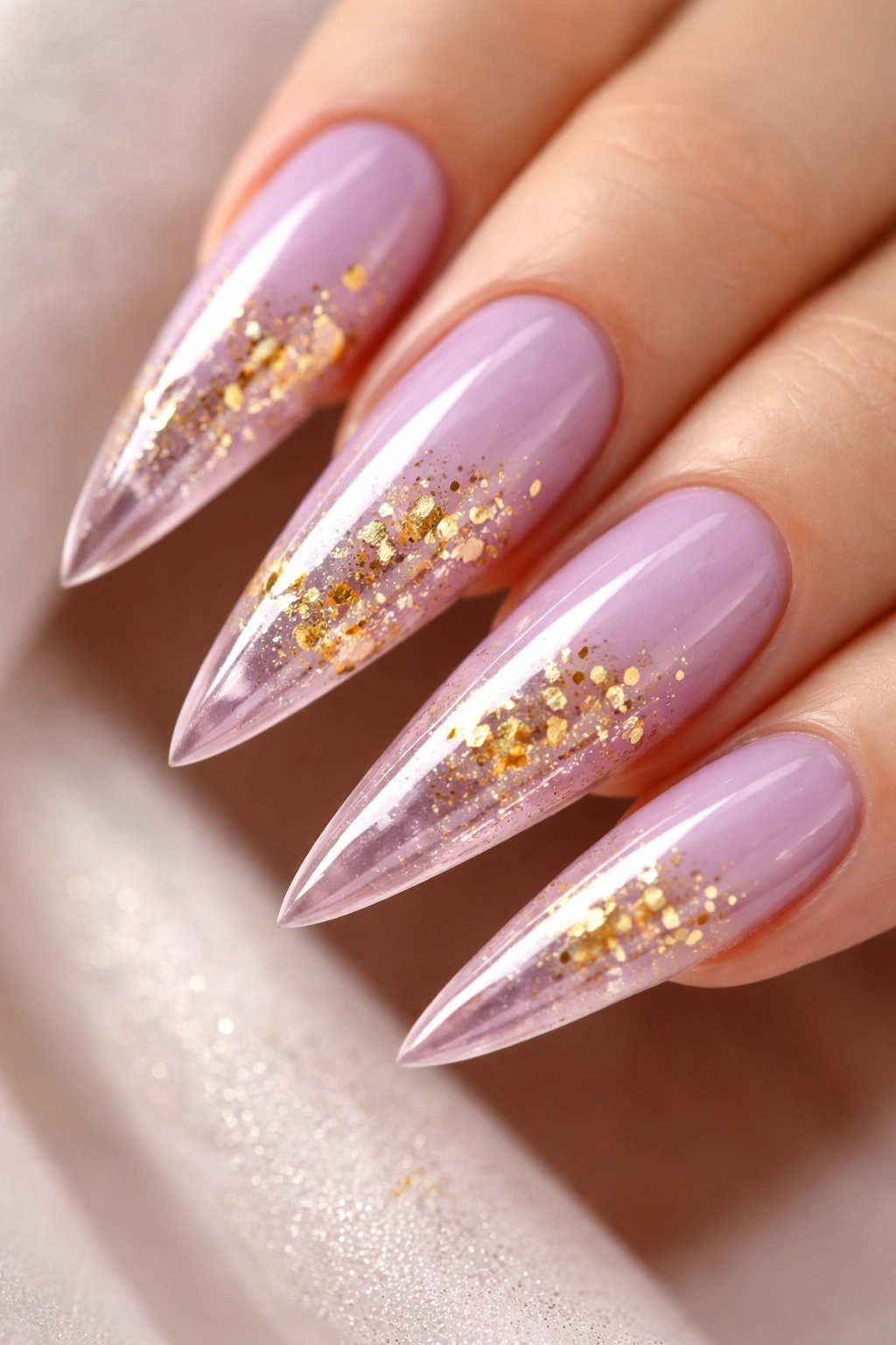 Close-up of lavender nails with encapsulated gold leaf for a luxurious manicure