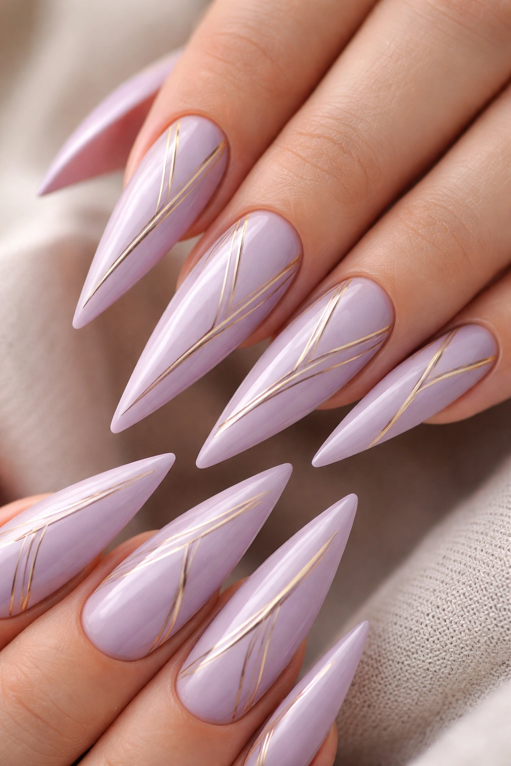 Close-up lavender nails with delicate gold geometric lines