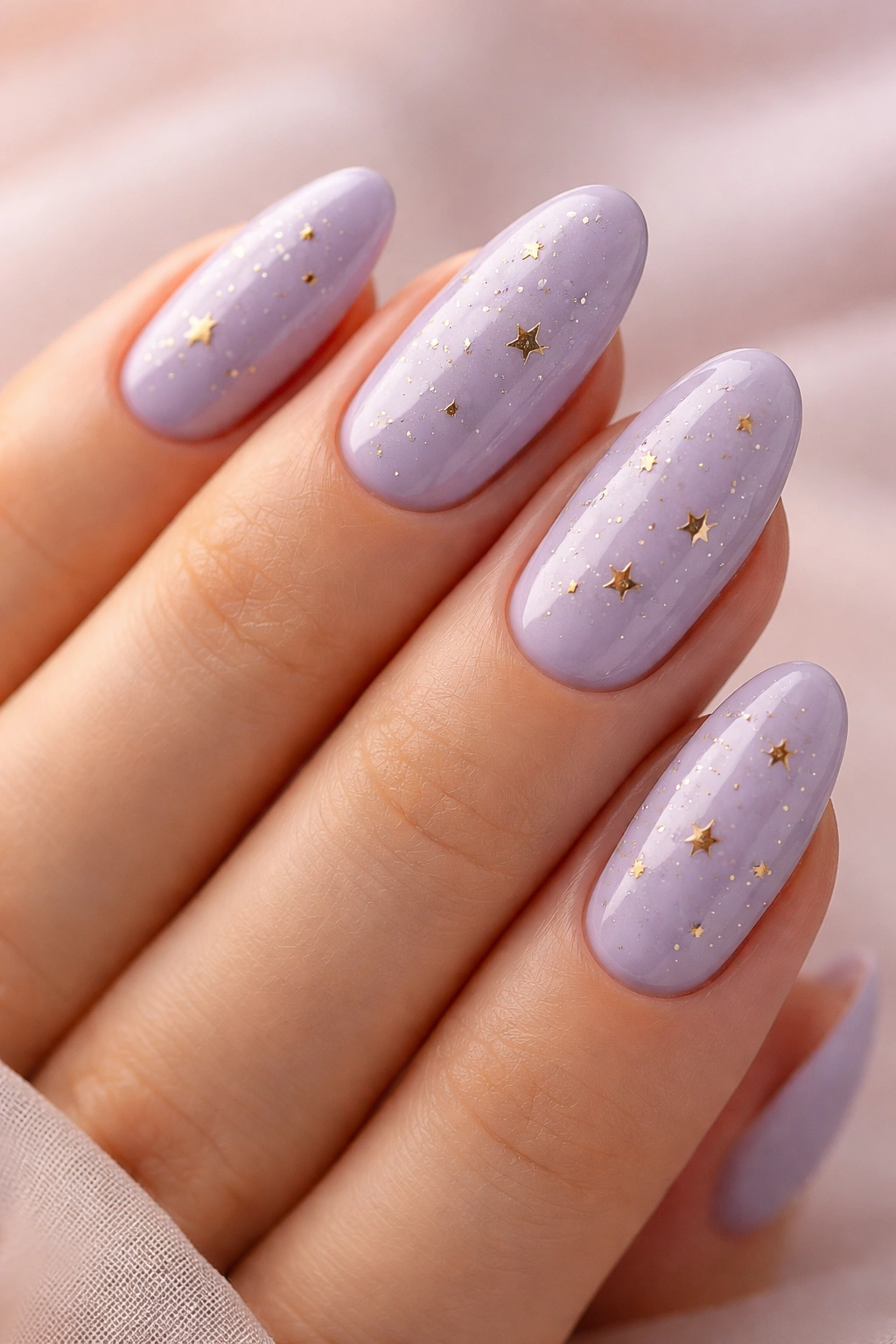 Close-up of lavender oval nails with tiny gold stars on a soft lavender base