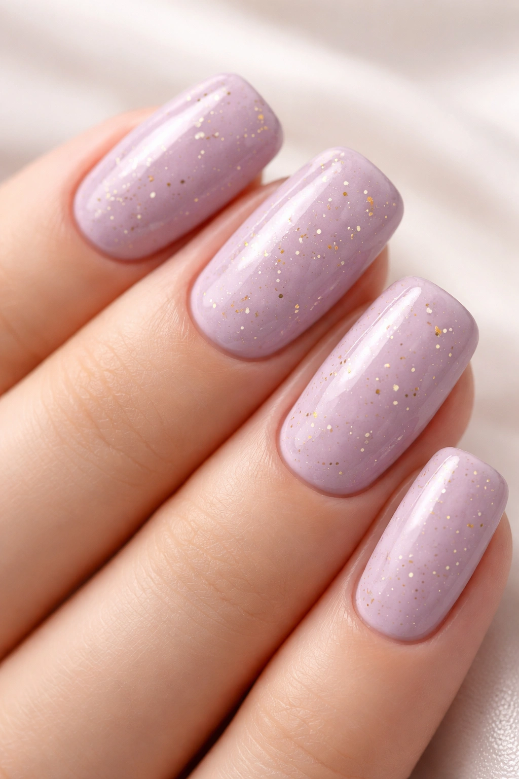 Close-up of soft lavender squoval nails with tiny gold sparkles