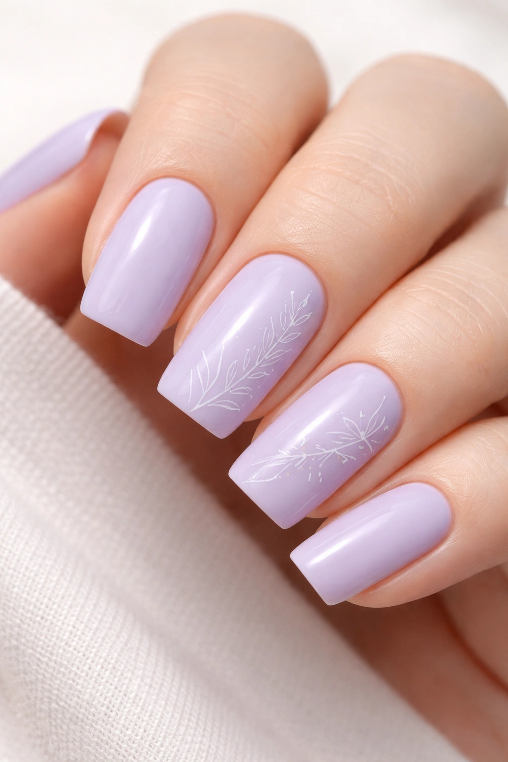Lavender nails with delicate white line art on accent nails